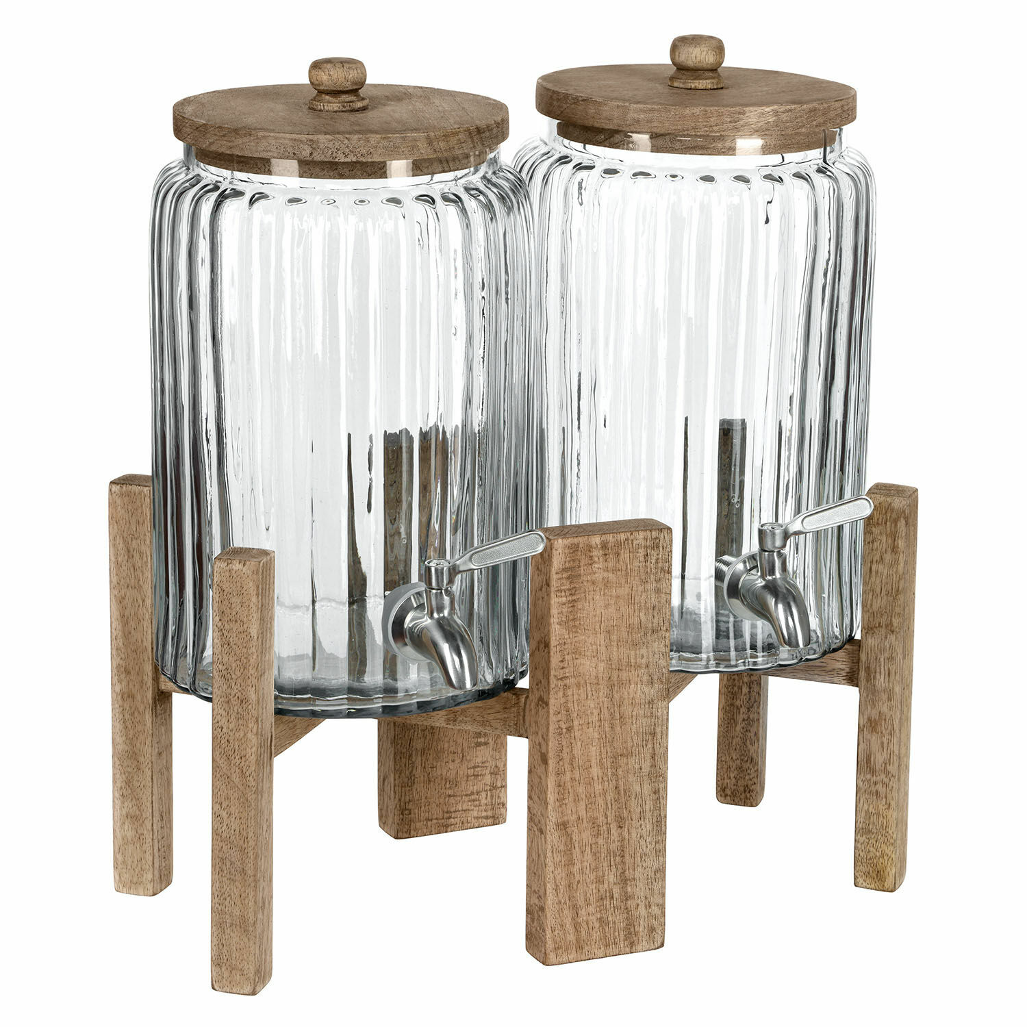 Drankdispenser set van 2 Ebeyin Glazen drankdispensers met deksels en kranen op houten standaard, transparant glas en bruin hout