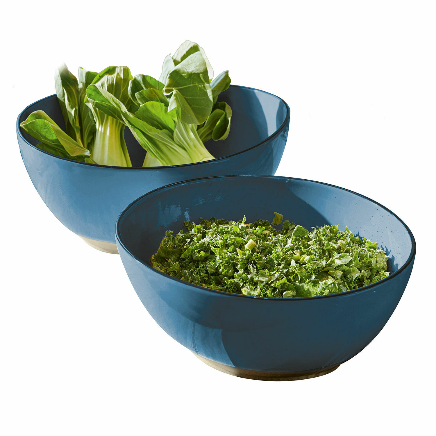 Saladekom set van 2 Biarré Twee blauwe keramische kommen met groene sla, ideaal voor salades en keuken