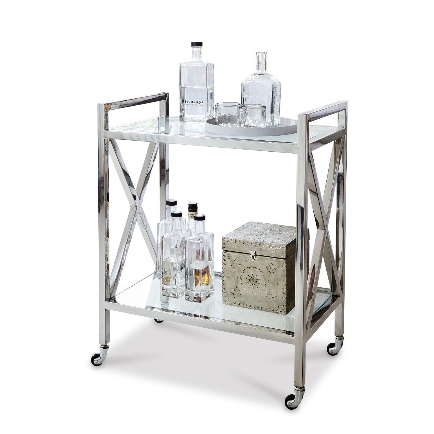 Serveertrolley Stamford Metalen barwagen op wieltjes met twee glazen planken en decoratieve flessen