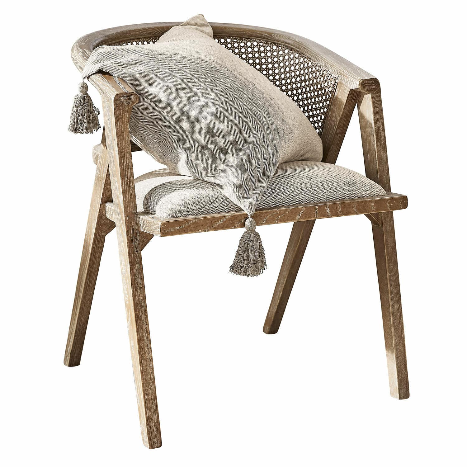 Chaise Collaroy Chaise en bois clair avec assise et dossier en cannage, coussin décoratif à pompons beige