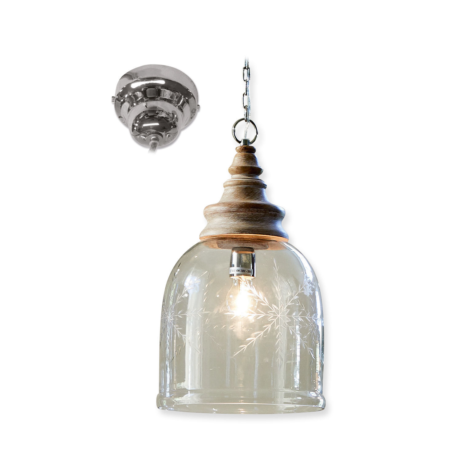 Hanglamp Bretterly Hanglamp van gegraveerd glas en natuurlijk hout, decoratieve plafondlamp met zichtbare lamp