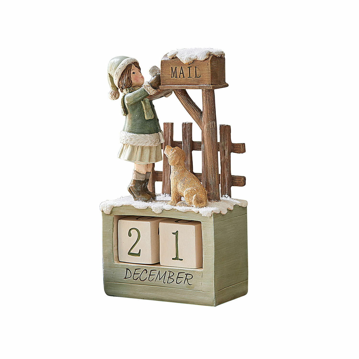 Calendrier Leonce Calendrier en bois avec figurine de fille et chien près d'une boîte aux lettres enneigée en vert et beige