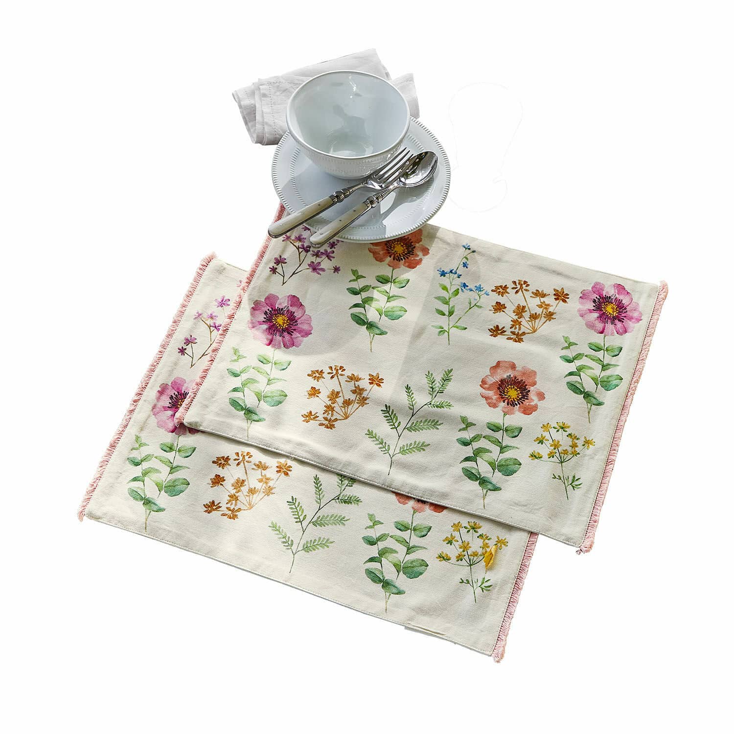 Placemat set van 2 Fahzoura Set van twee katoenen placemats met bloemenpatroon in pastelkleuren voor op tafel