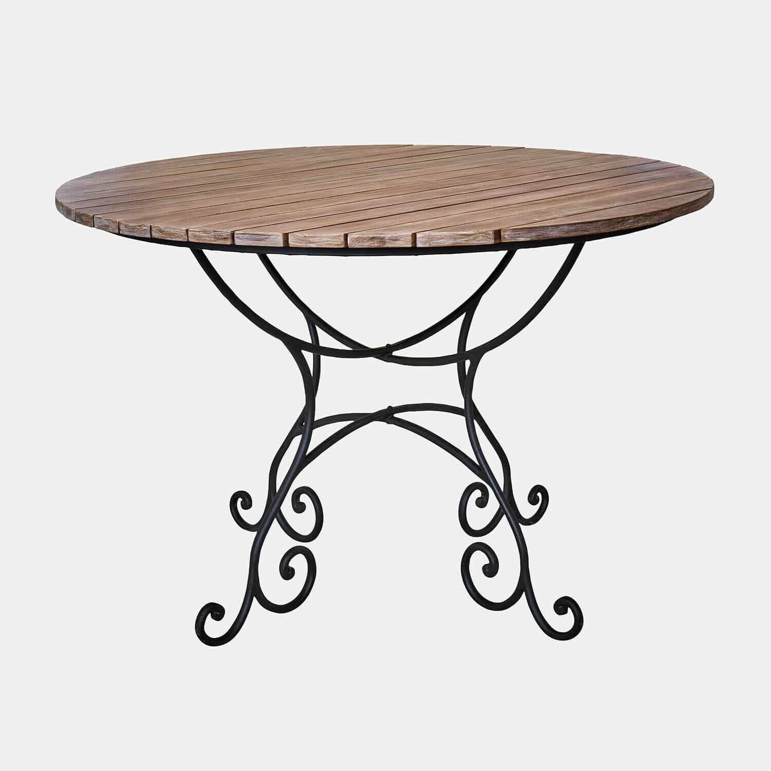 Table ronde avec plateau en bois et pieds en métal noir ornés de volutes, mobilier de jardin