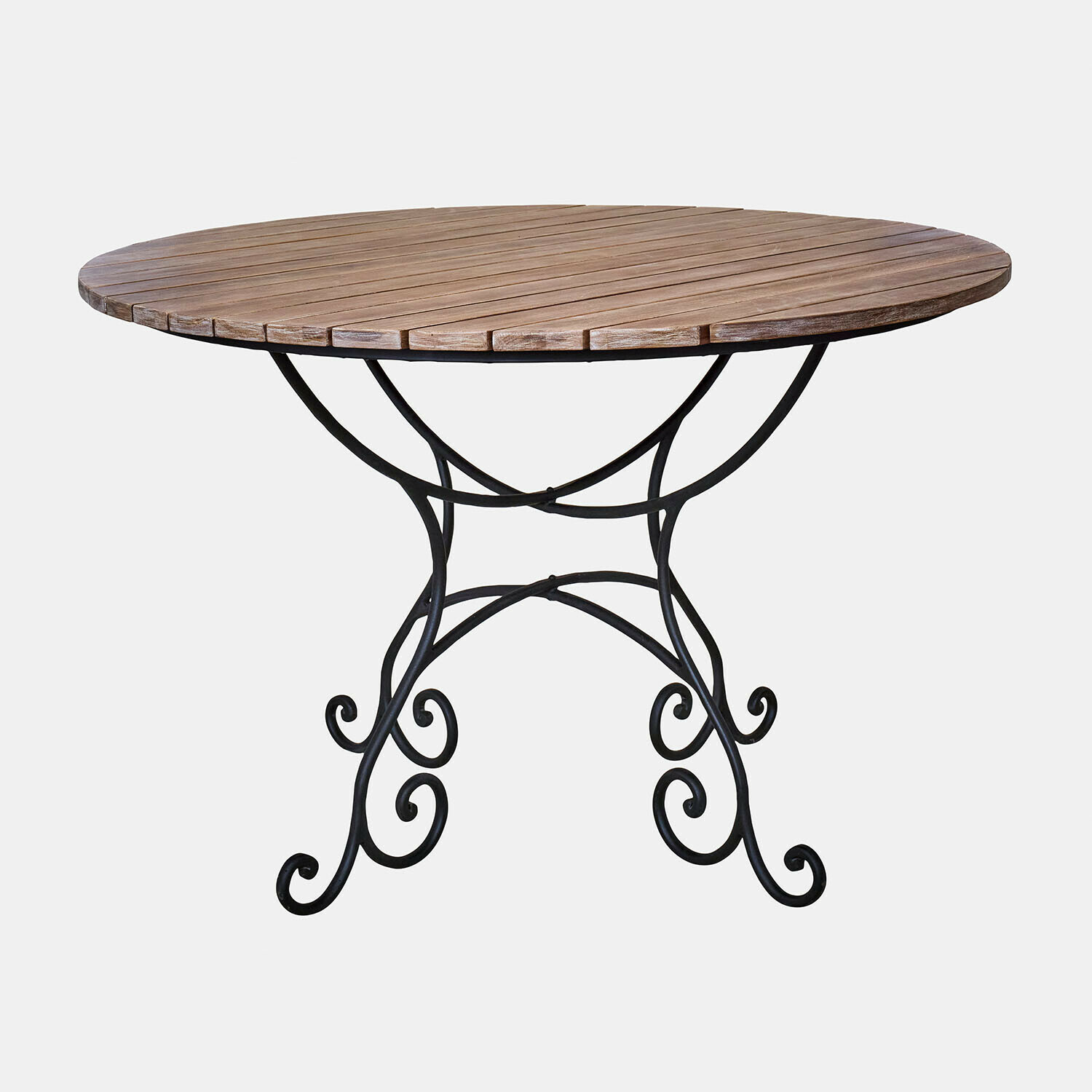 Tafel Arémont Ronde tafel met houten blad en zwarte metalen poten met sierlijke krullen, tuinmeubel