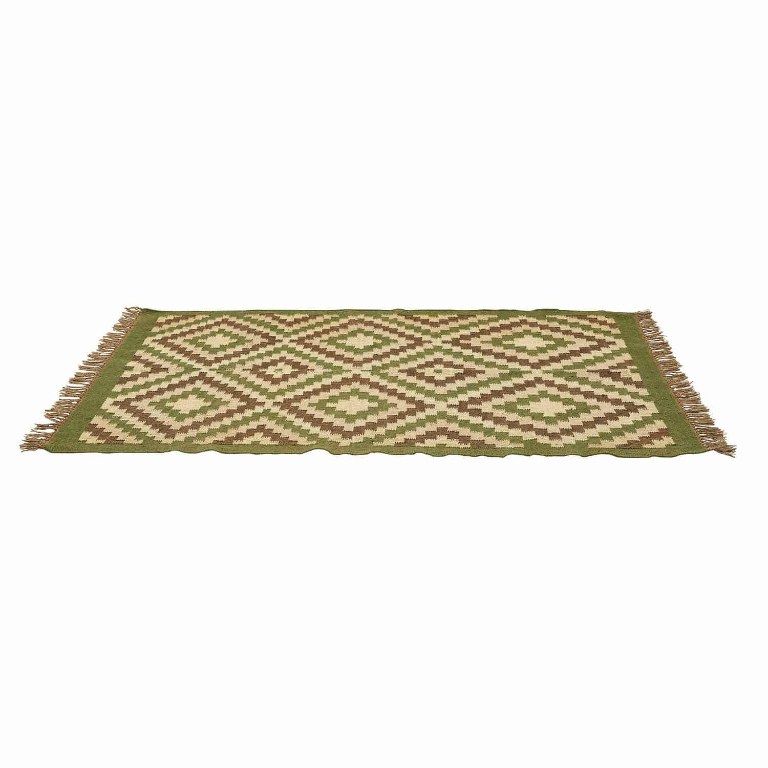 Tapis Dailies Tapis tissé avec motif géométrique en nuances de vert et marron avec franges sur les côtés.