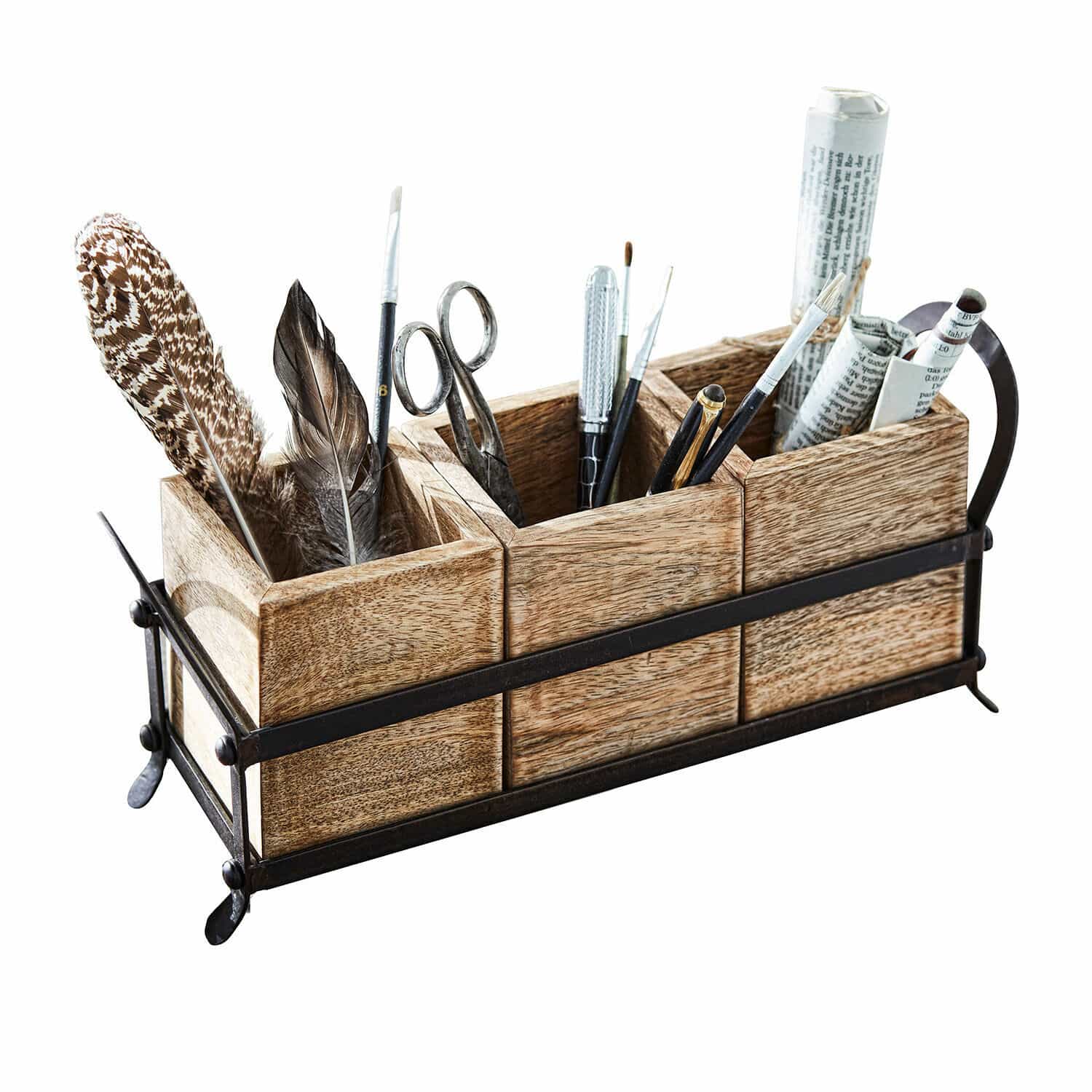 Organiseur Lasse Organisateur de bureau en bois naturel et métal avec plumes et outils d'écriture pour rangement pratique