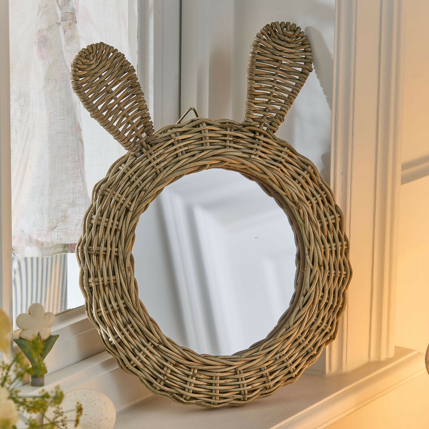 Spiegel Papillonette Ronde spiegel van natuurlijk riet met oren, wanddecoratie voor kinderkamer