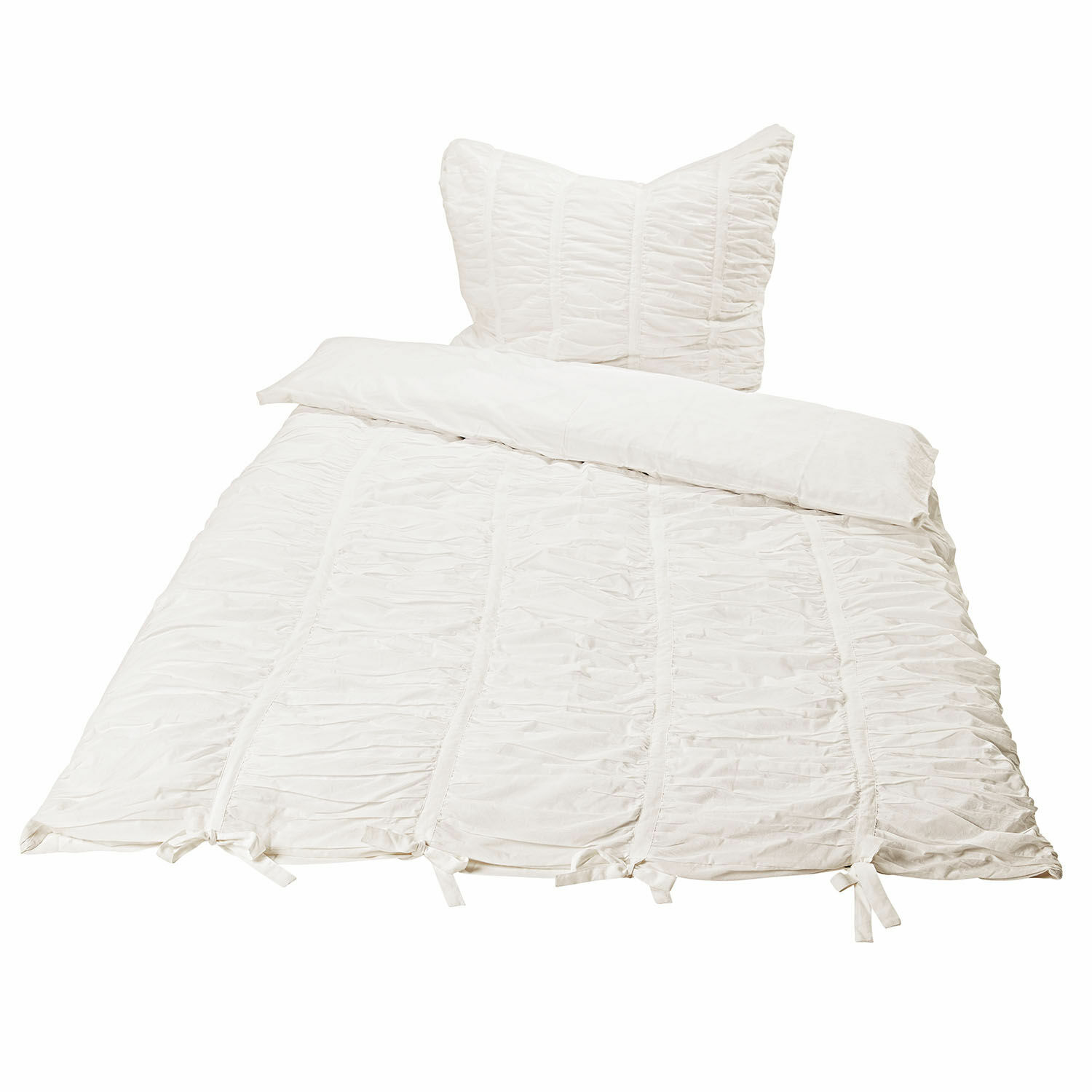 Parure de lit Magdelen Parure de lit blanche en coton avec fronces et nœuds, douce et décorative pour chambre