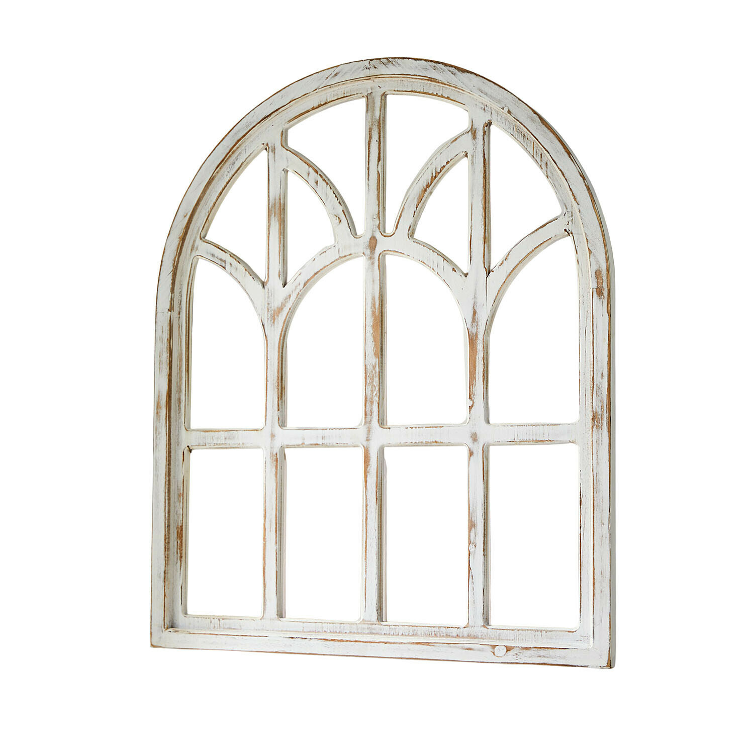 Siervenster Morilev Witte houten decoratieve raam met boogpatroon en verouderde afwerking voor vintage interieur