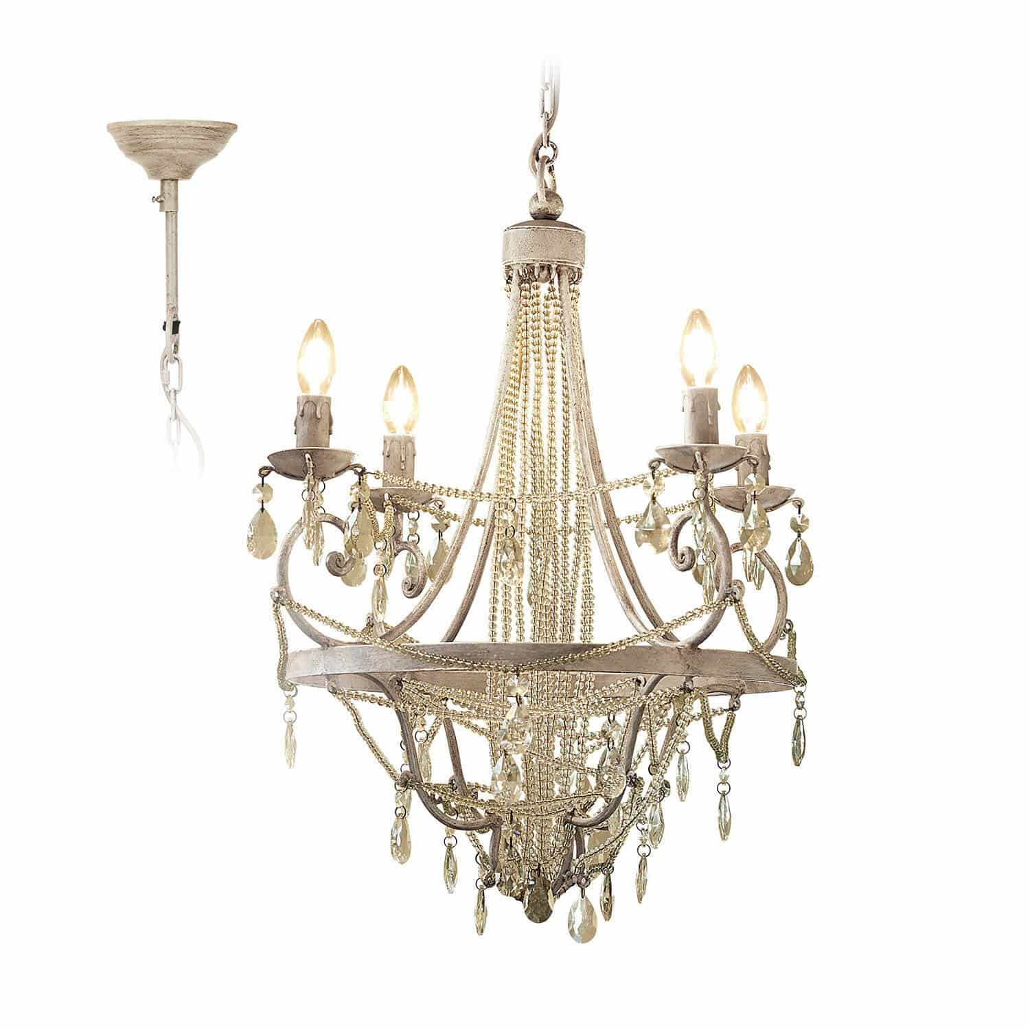 Lustre Caristano Lustre en métal beige avec chaînes et pendentifs en cristal, quatre ampoules décoratives allumées