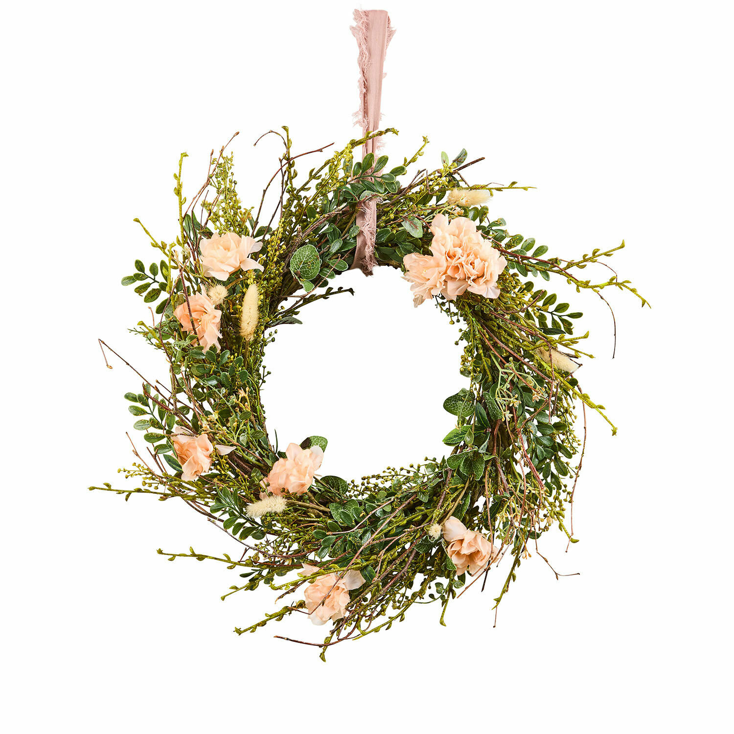 Couronne Chérisse Couronne décorative en branches vertes et fleurs rose clair suspendue par un ruban rose