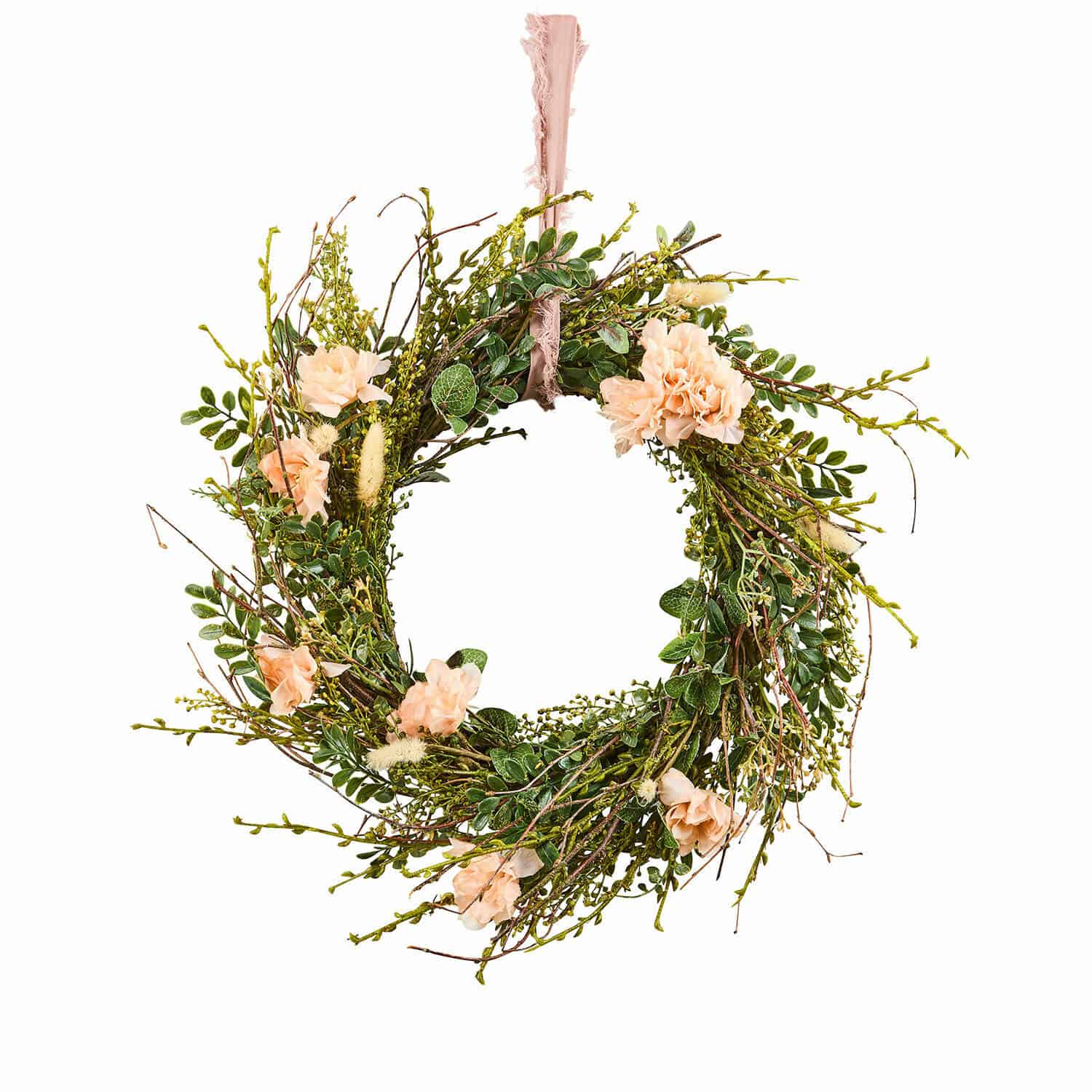 Couronne Chérisse Couronne décorative en branches vertes et fleurs rose clair suspendue par un ruban rose