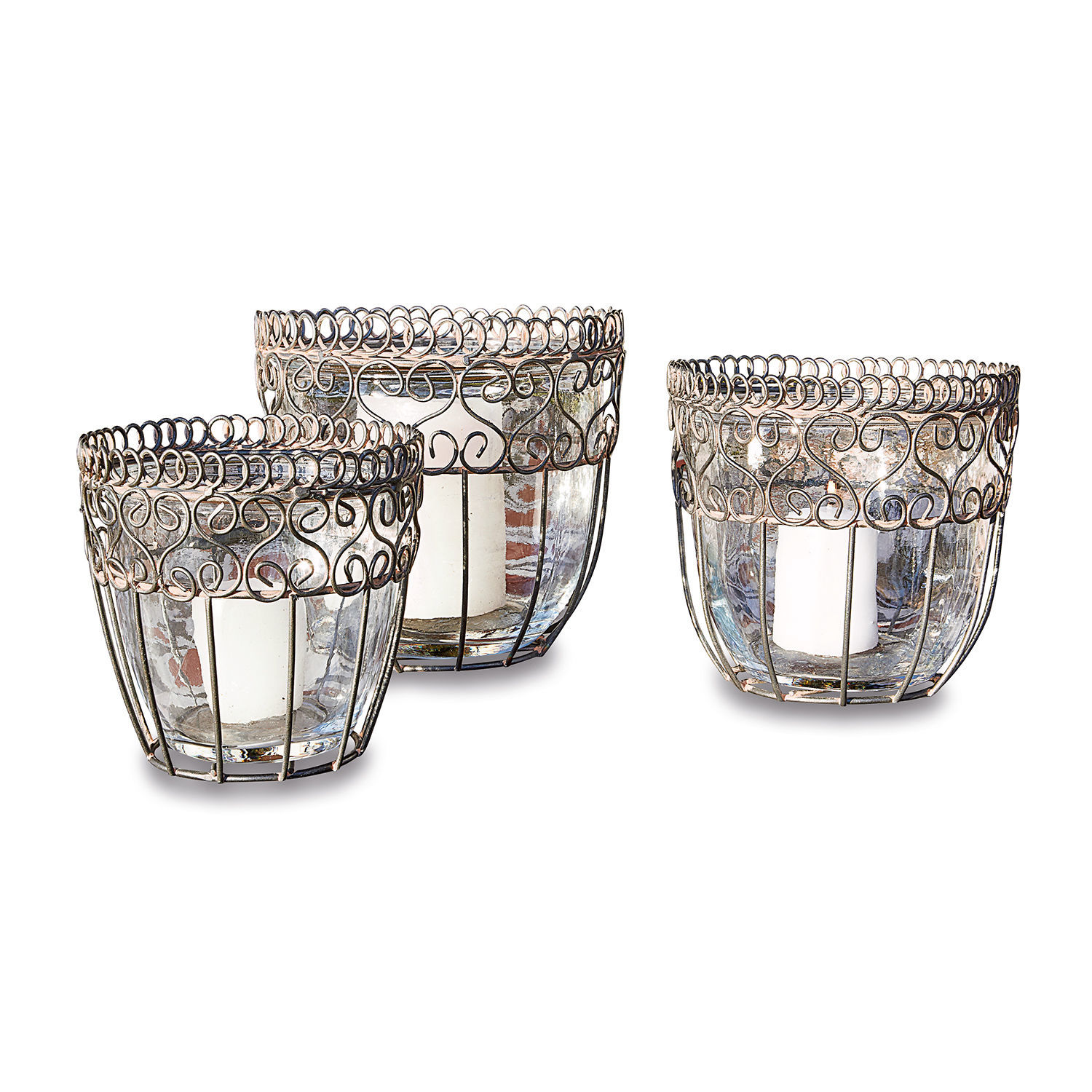 Ensemble de trois photophores en verre avec cadre métallique argenté orné pour décoration intérieure