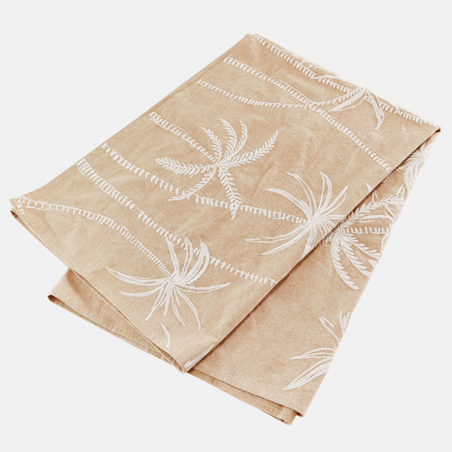 Nappe beige en lin avec motif végétal blanc, textile décoratif pour salon ou salle à manger