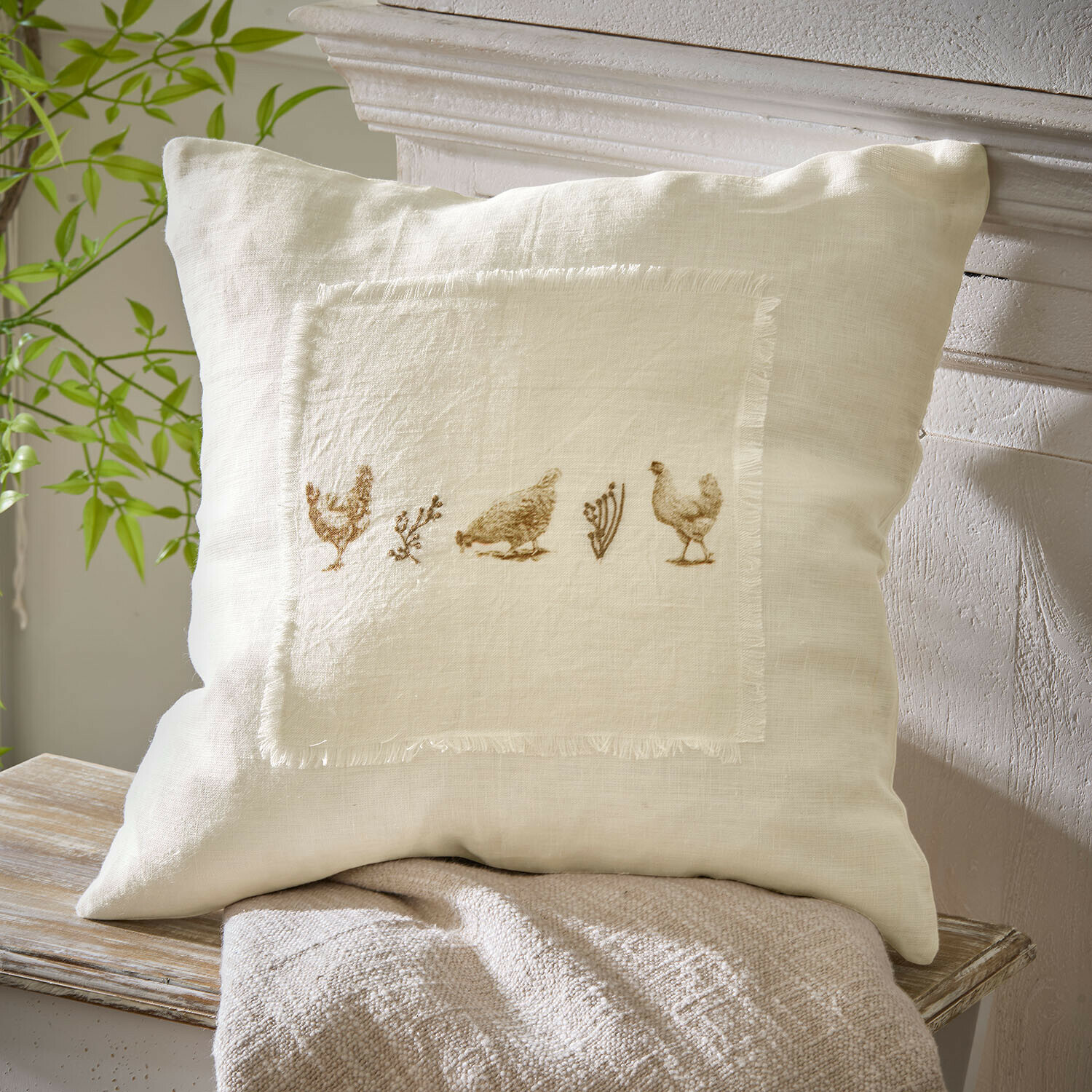 Housse de coussin Chavéreau Coussin en lin beige avec motifs de poules et plantes, décoration naturelle pour salon ou chambre
