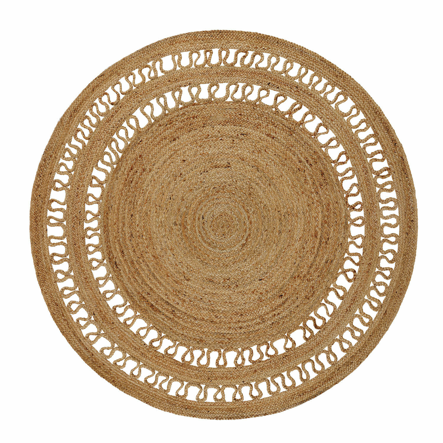 Vloerkleed Nymarion Ronde jute vloerkleed in natuurlijke kleur met decoratief patroon en open lussen