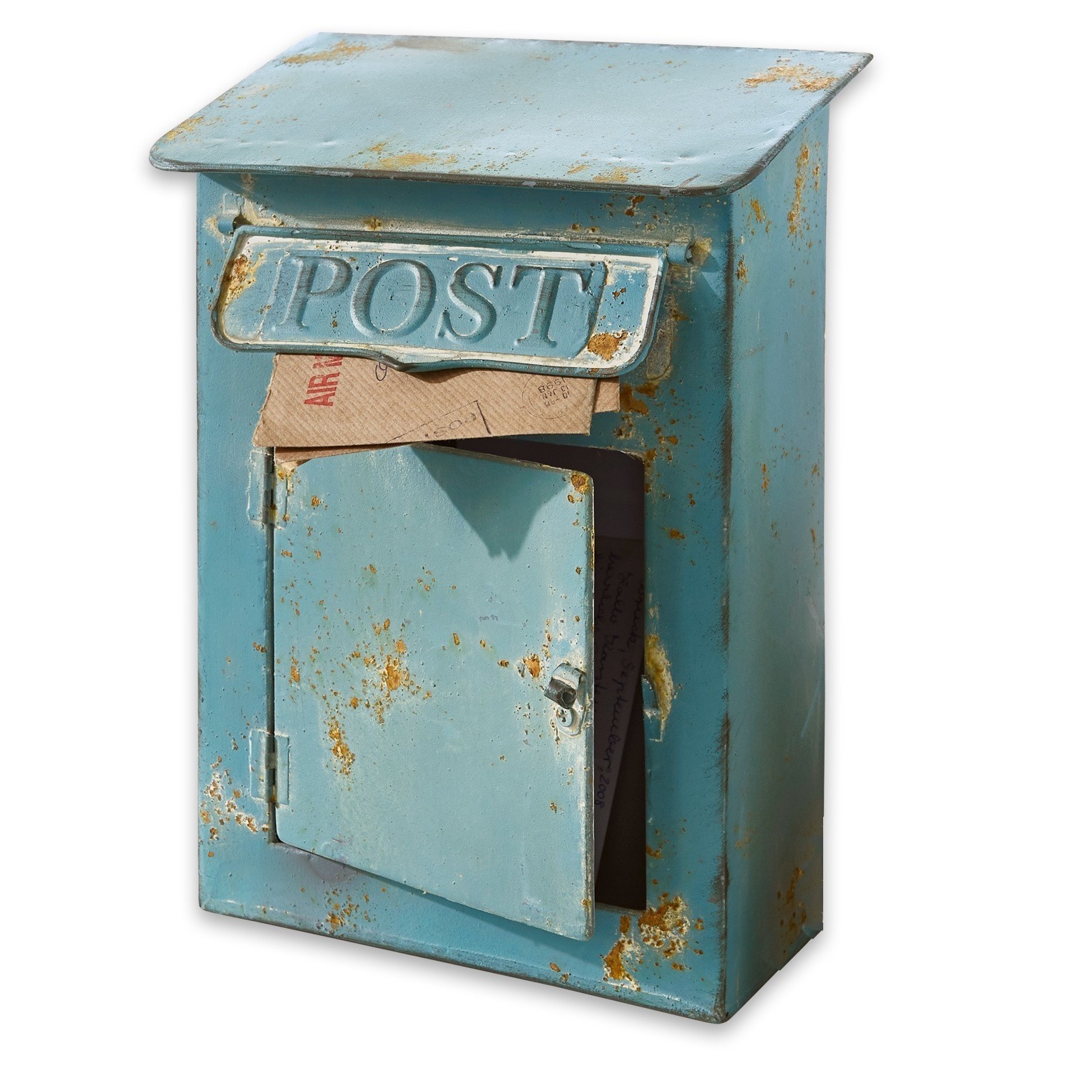 Boîte aux lettres décorative Boîte Postale Boîte aux lettres en métal bleu avec rouille visible et porte ouverte contenant du courrier