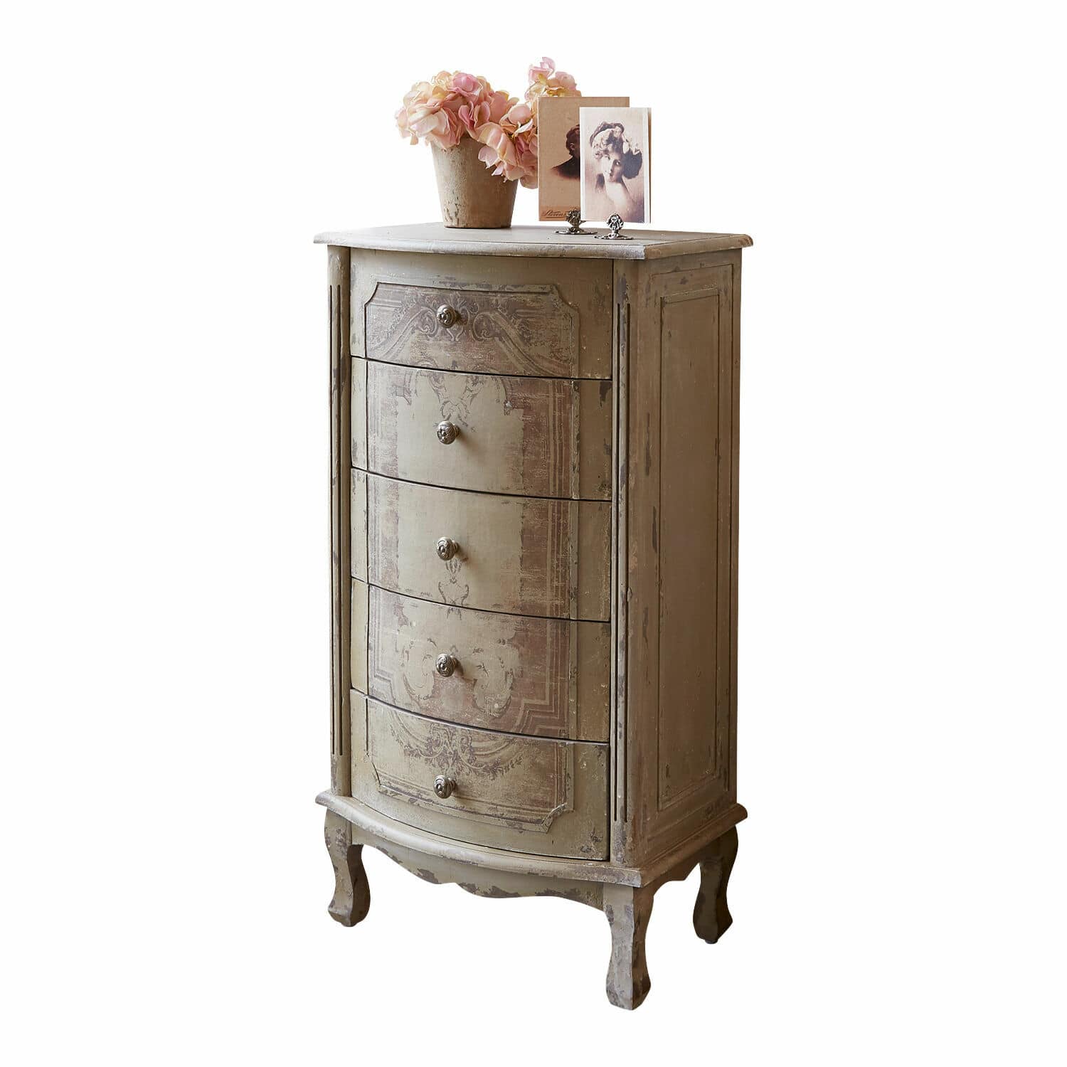 Kastje Estere Stijlvolle houten ladekast in beige met vijf laden en decoratief vintage patroon