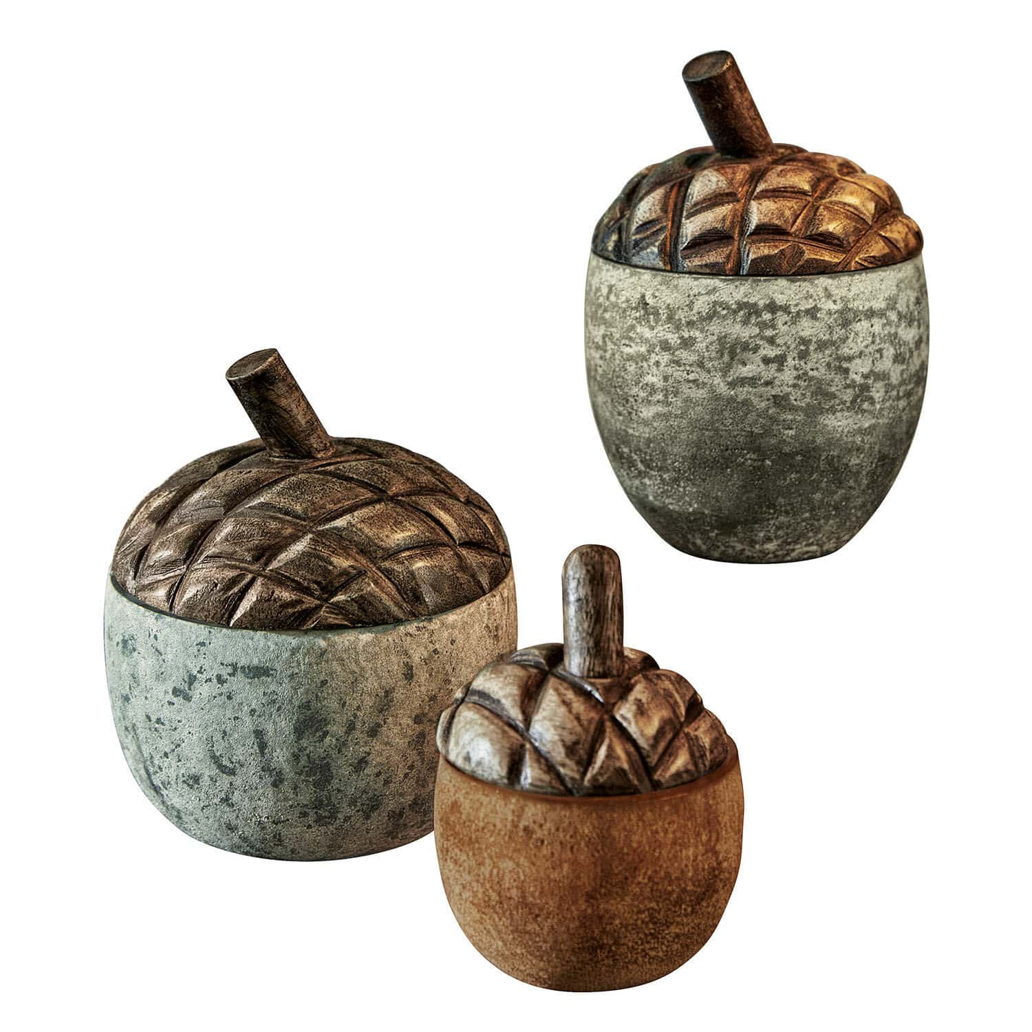Eikel set van 3 Vibius Set van drie decoratieve eikeldozen van hout en steen in natuurlijke kleuren voor thuis