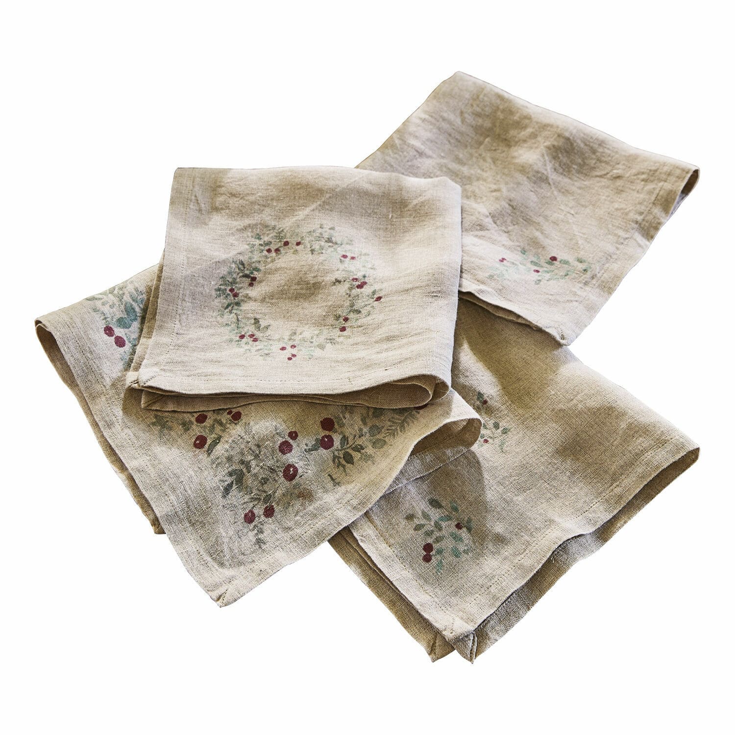 Lot de 4 serviettes Lenius Serviettes en lin beige avec motif de baies rouges et feuilles vertes, décoration de table élégante
