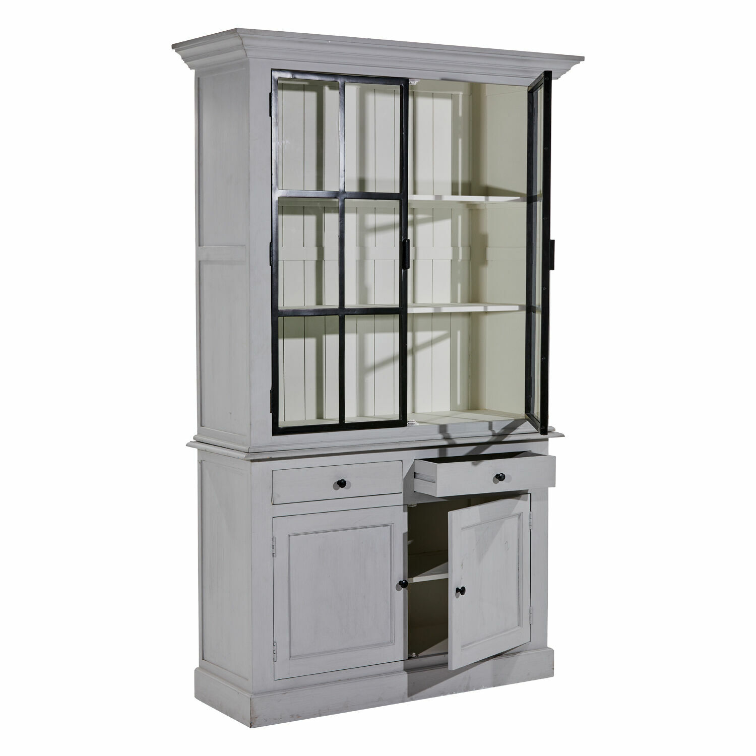 Vaisselier Chamnery Vitrine en bois blanc avec portes métalliques noires et tiroirs pour rangement dans le salon