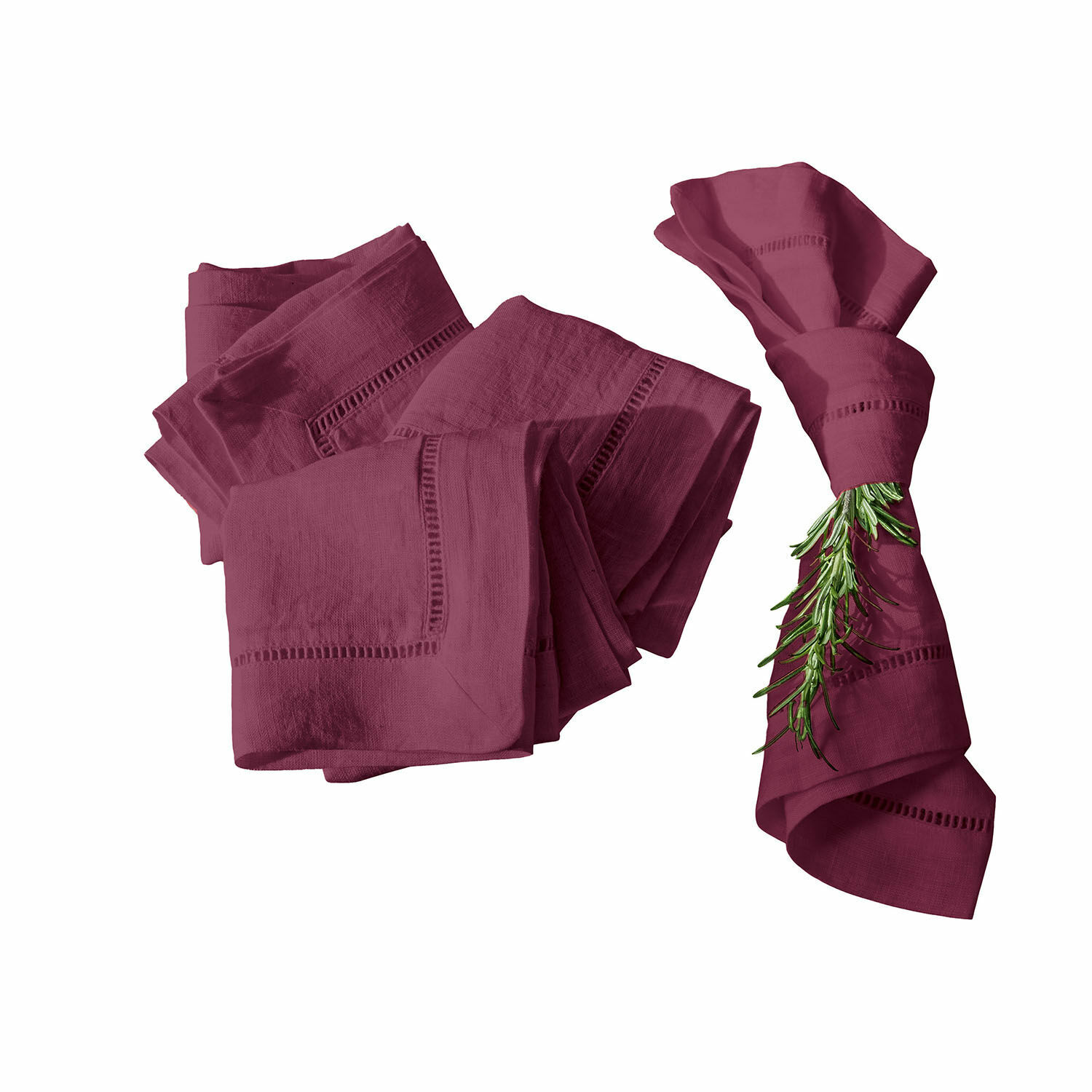 Set van 4 bordeaux linnen servetten Covent Garden met decoratieve opengewerkte rand, perfect voor tafeldecoratie