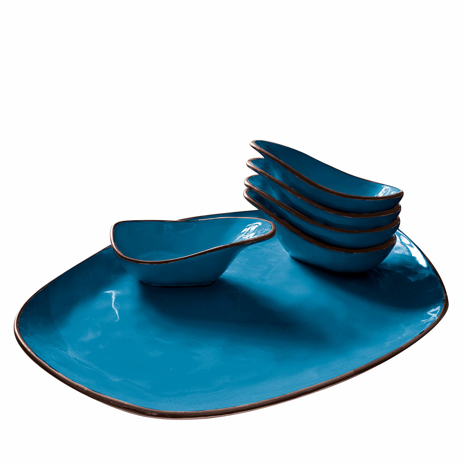 Ensemble de 6 coupelles en céramique bleue avec grand plat de service bordé de brun