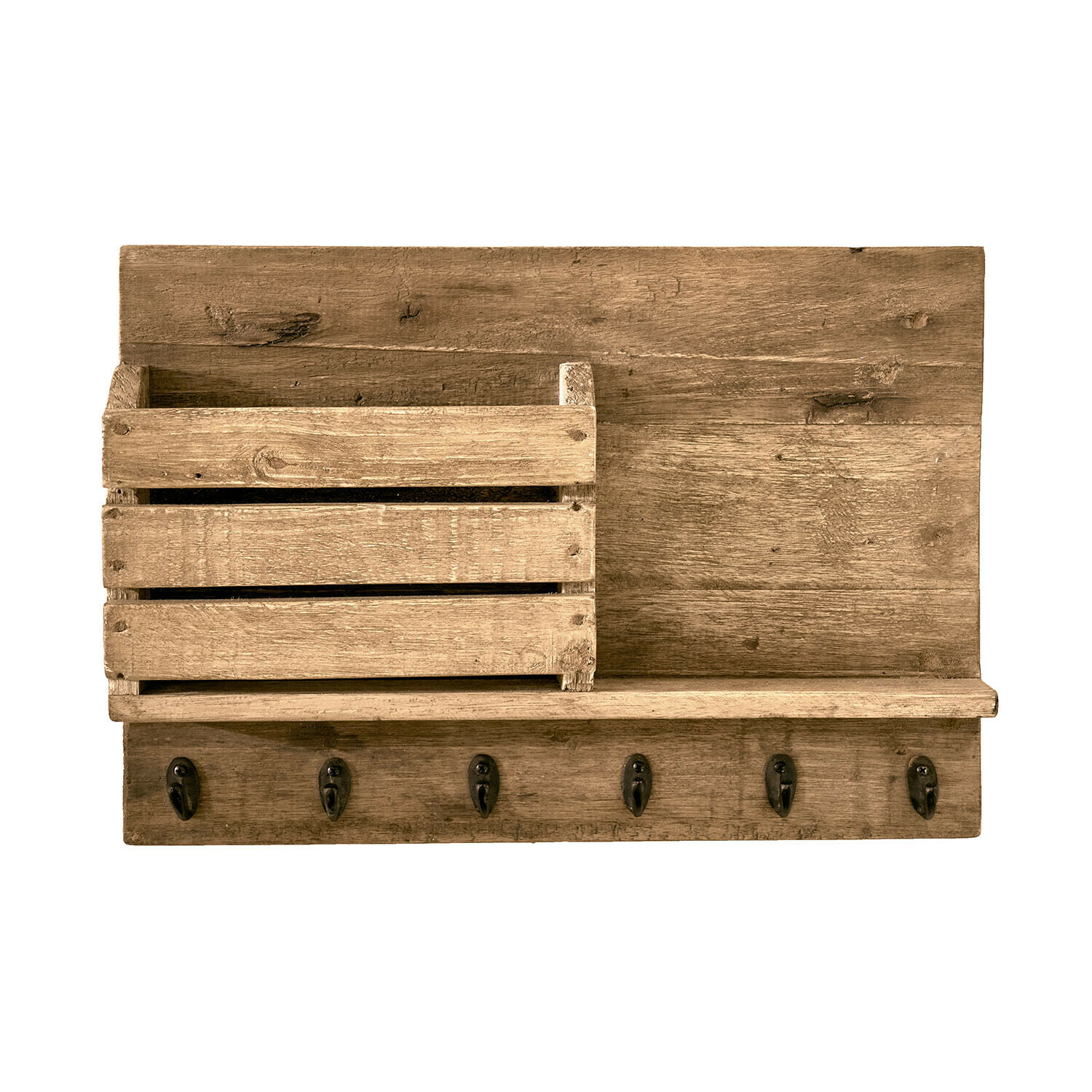 Organiseur Turell Étagère murale en bois naturel avec crochets et caisse pour rangement d'objets divers