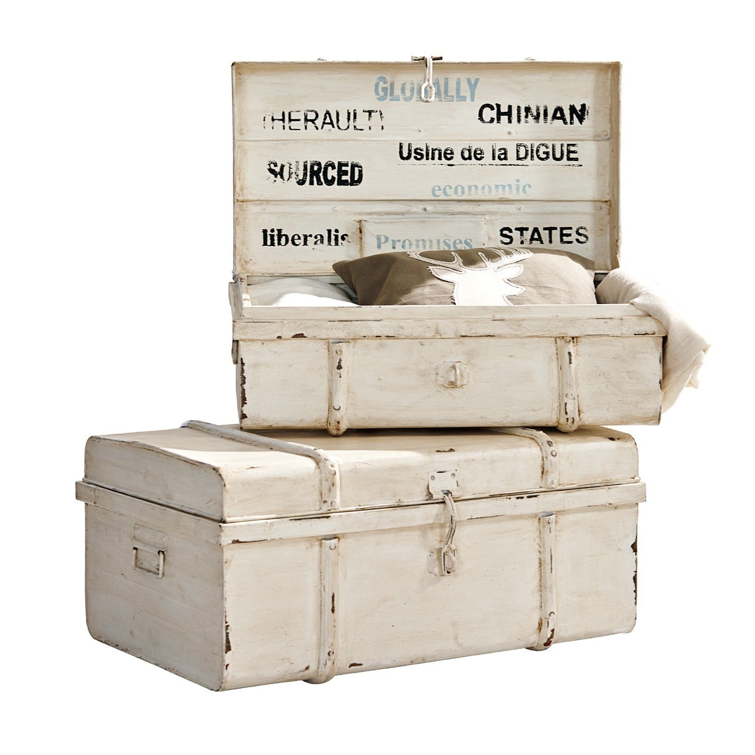 Kist set van 2 Riga Witte houten kist met verouderde look en tekst, decoratieve vintage opbergkist