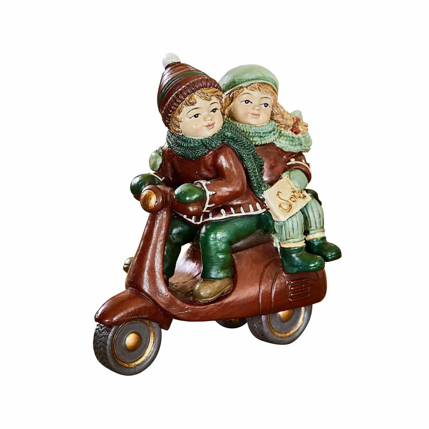 Figurine décorative Dariell Figurine d'enfants sur scooter marron avec vêtements verts, décoration de Noël en céramique