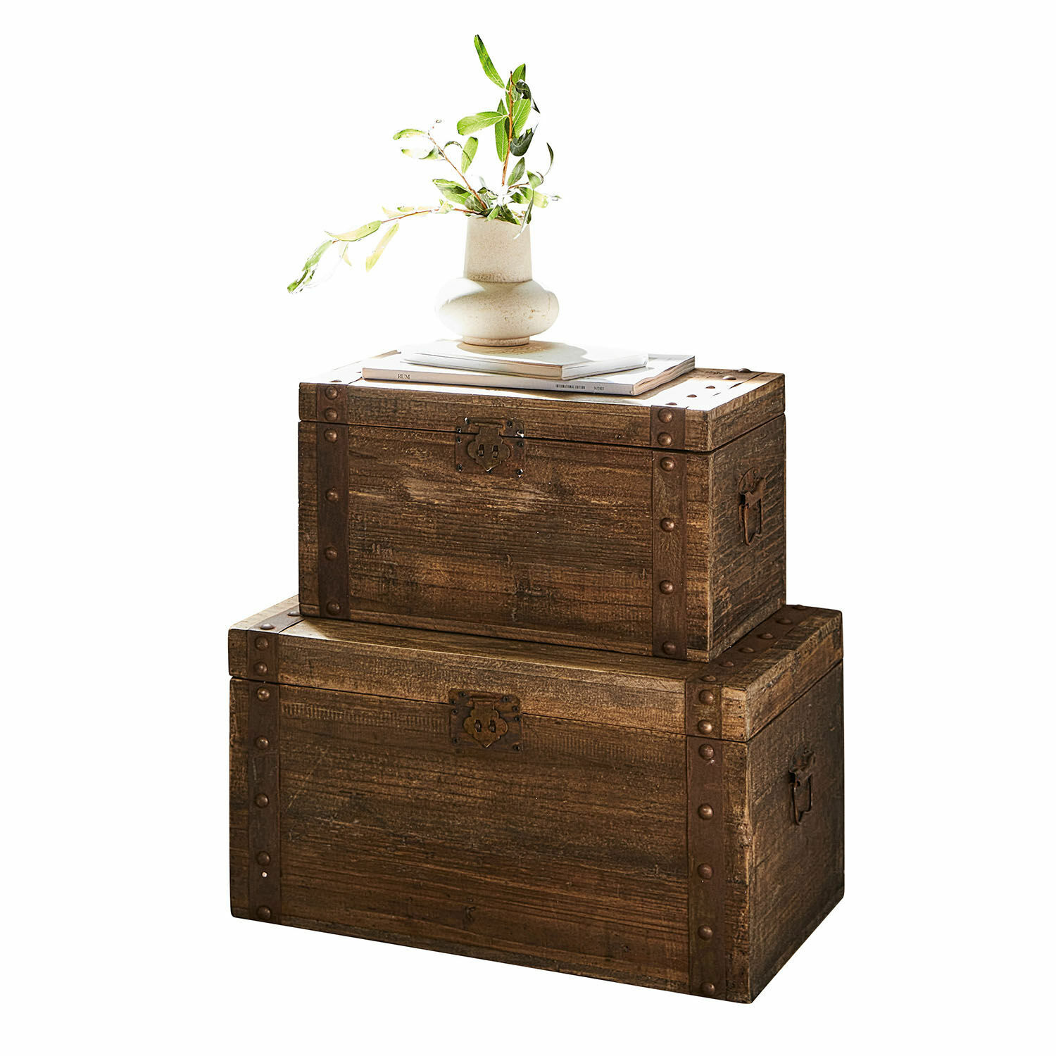 Lot de 2 malles Pratt Coffres en bois marron avec ferrures métalliques, parfaits pour rangement et décoration intérieure