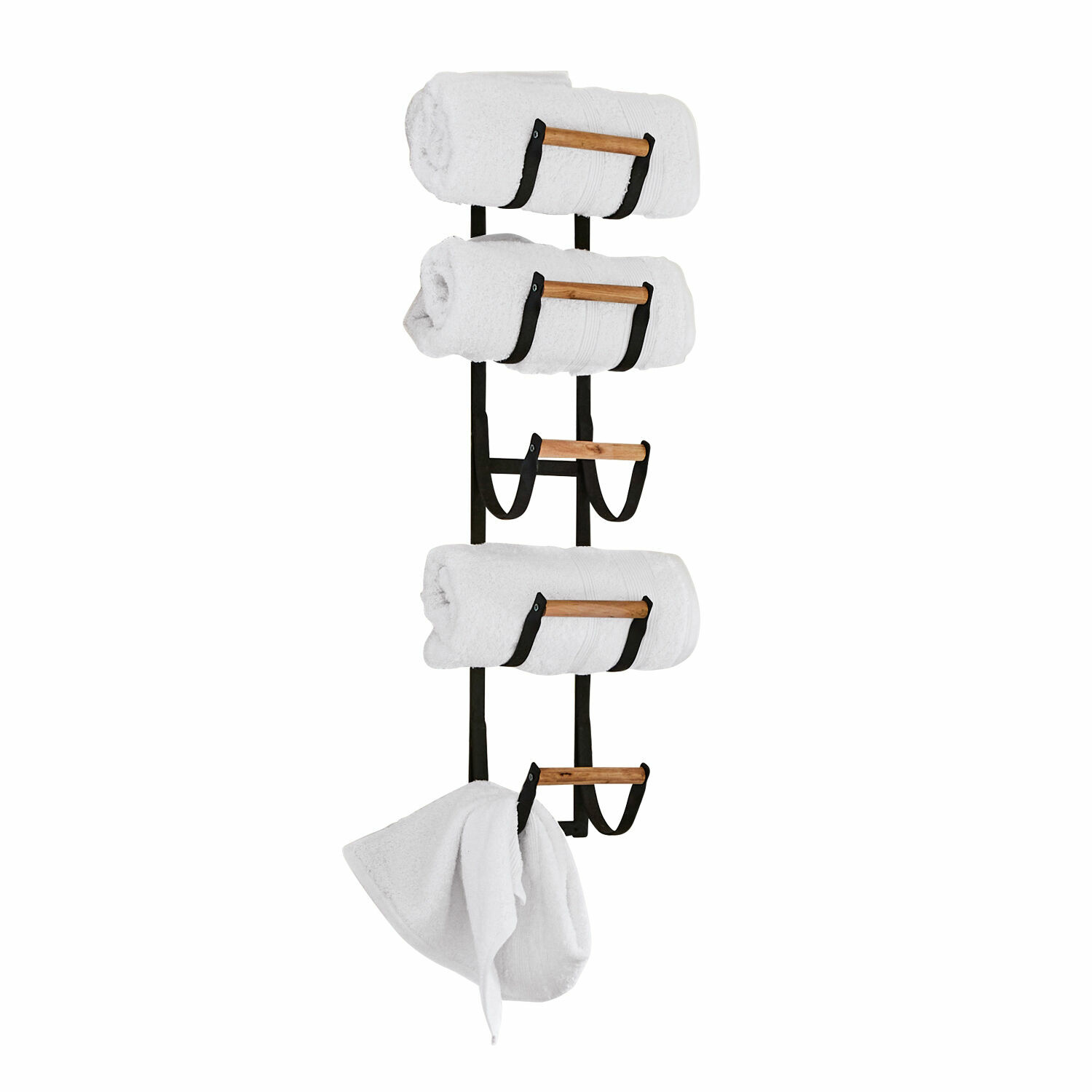 Wandorganizer Utica Zwarte metalen handdoekhouder met houten stangen en witte handdoeken voor badkamer
