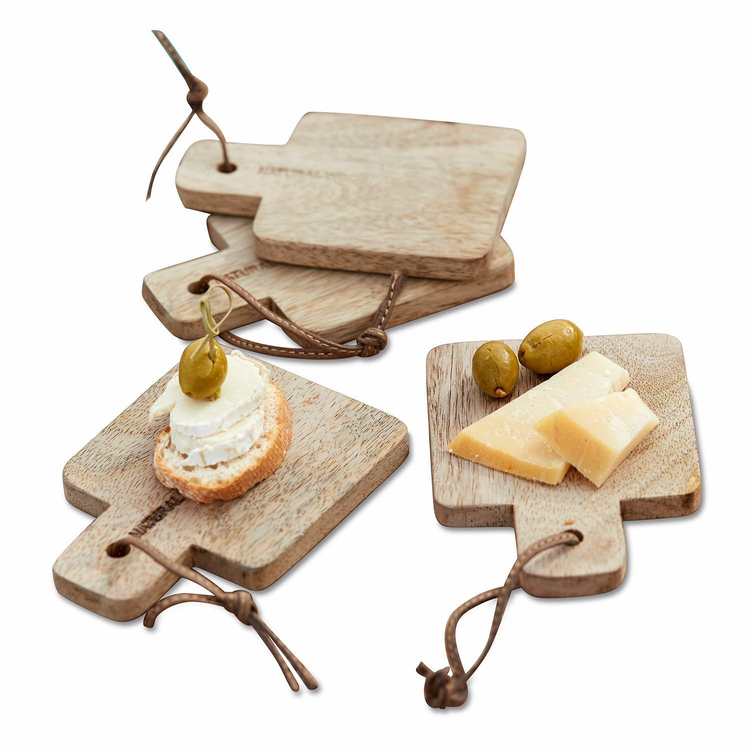 Lot de 4 planches à découper Boise Ensemble de planches à découper en bois clair avec poignées et lanières en cuir pour servir