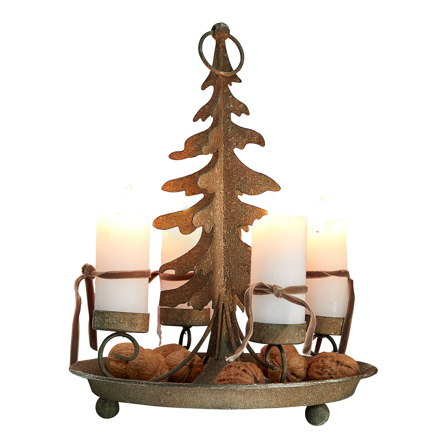Bougeoir Lunvik Bougeoir en métal en forme de sapin avec quatre bougies blanches et noix décoratives
