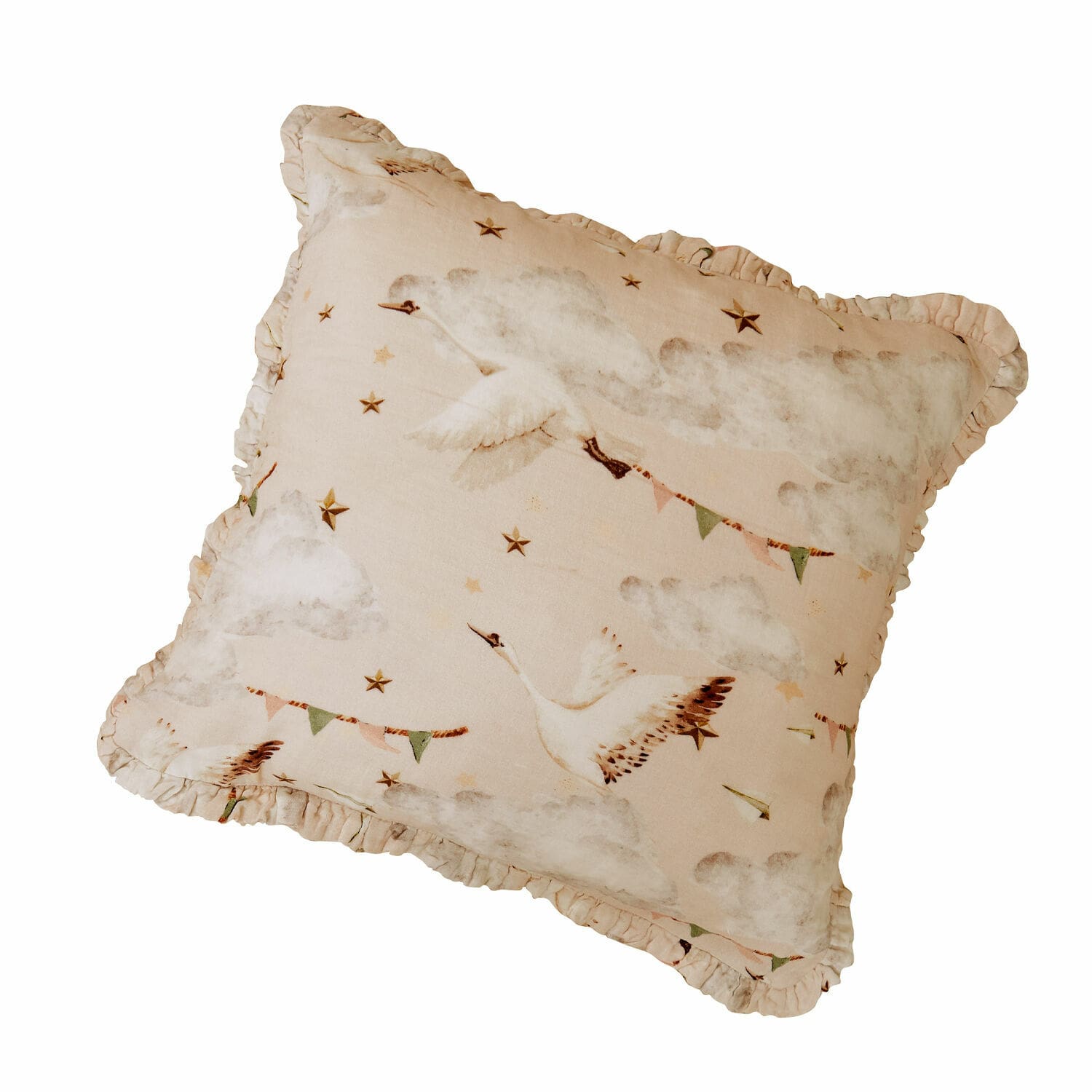 Housse de coussin Bellise Coussin beige en coton avec motif d'oiseaux volant et étoiles, décoration intérieure douce