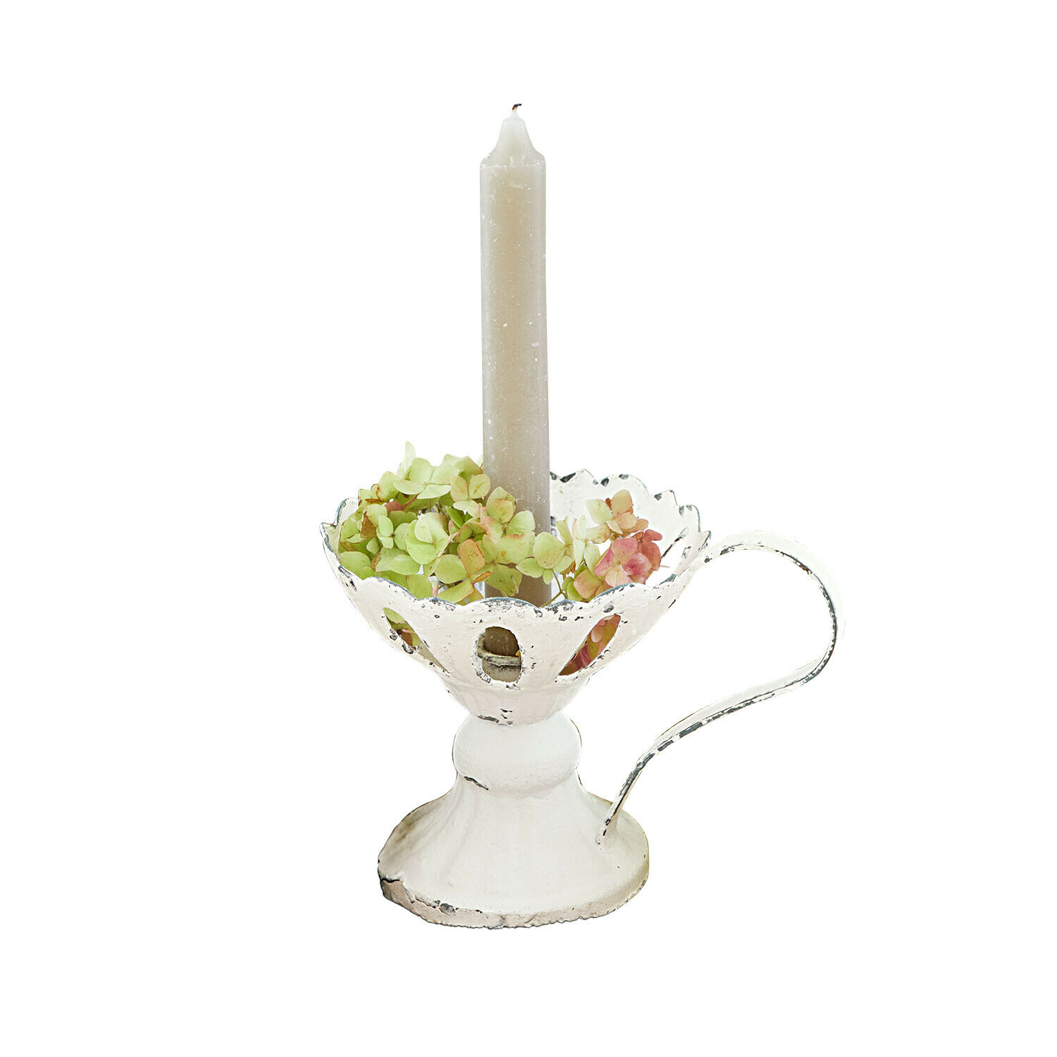 Kaarsenhouder Ashwyn Witte metalen kandelaar met handvat, beige kaars en groene en roze bloemen als decoratie