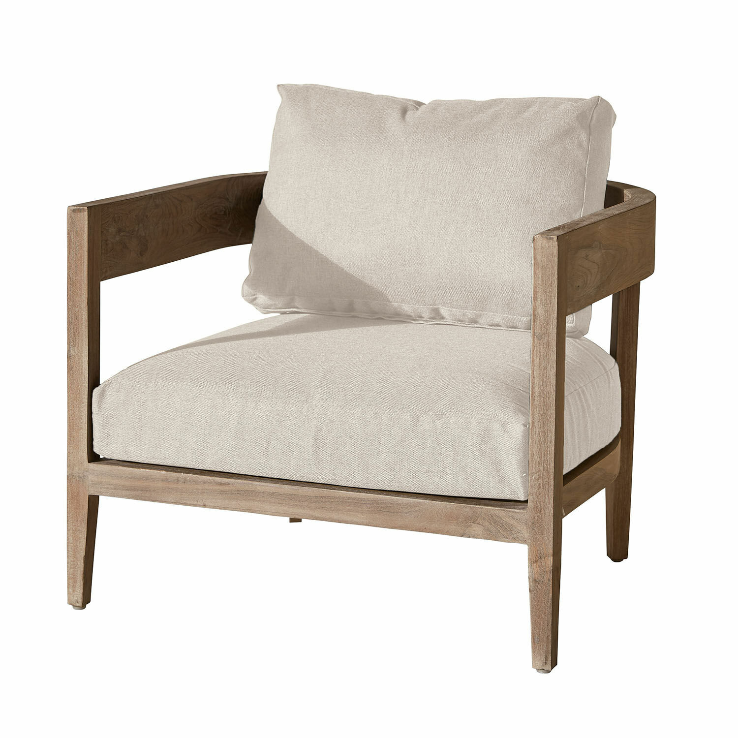 Fauteuil Courtelevant en tissu crème avec cadre en bois brun, meuble moderne pour salon
