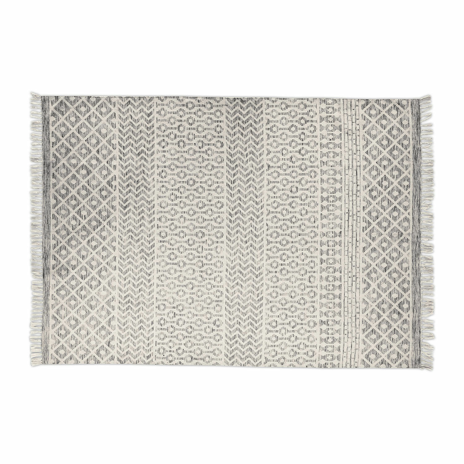 Vloerkleed voor binnen en buiten Champigny Katoenen vloerkleed in grijs-wit met geometrisch patroon en franjes, interieur- en vloerdecoratie