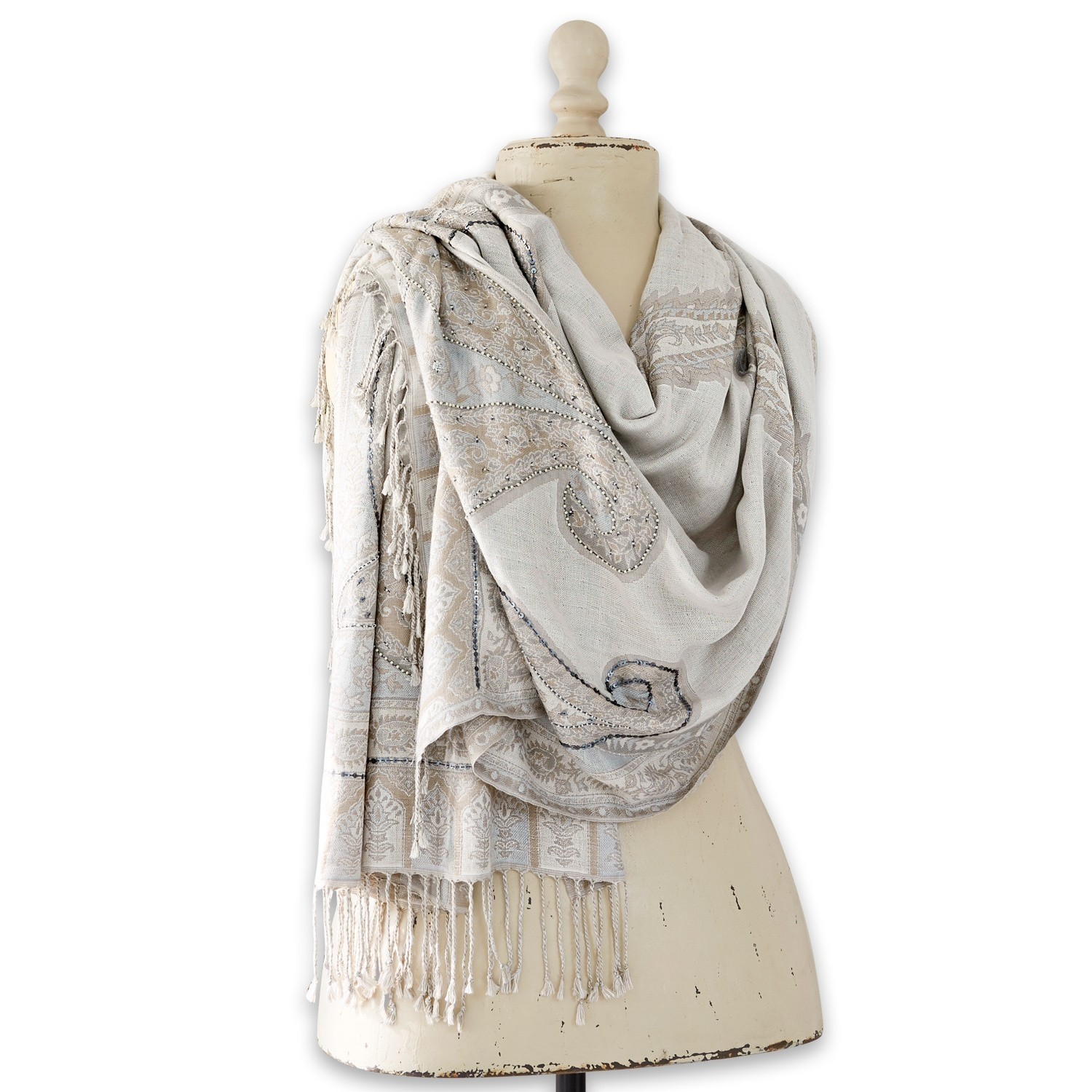 Écharpe Moyra Écharpe beige à motifs avec franges en tissu doux, accessoire élégant pour temps frais
