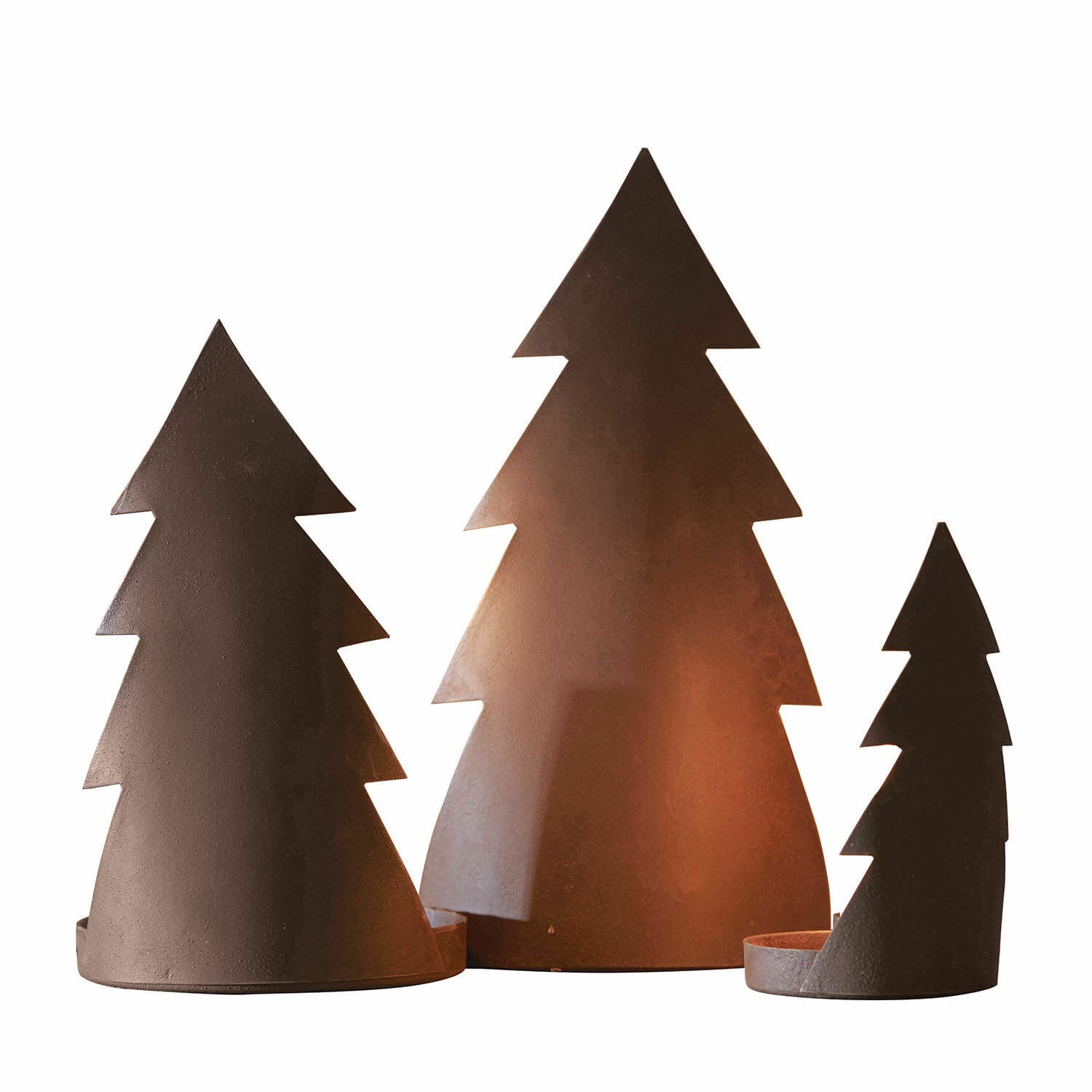 Lot de 3 bougeoirs Ageville Ensemble de trois bougeoirs en métal forme sapin couleur rouille pour décoration de Noël