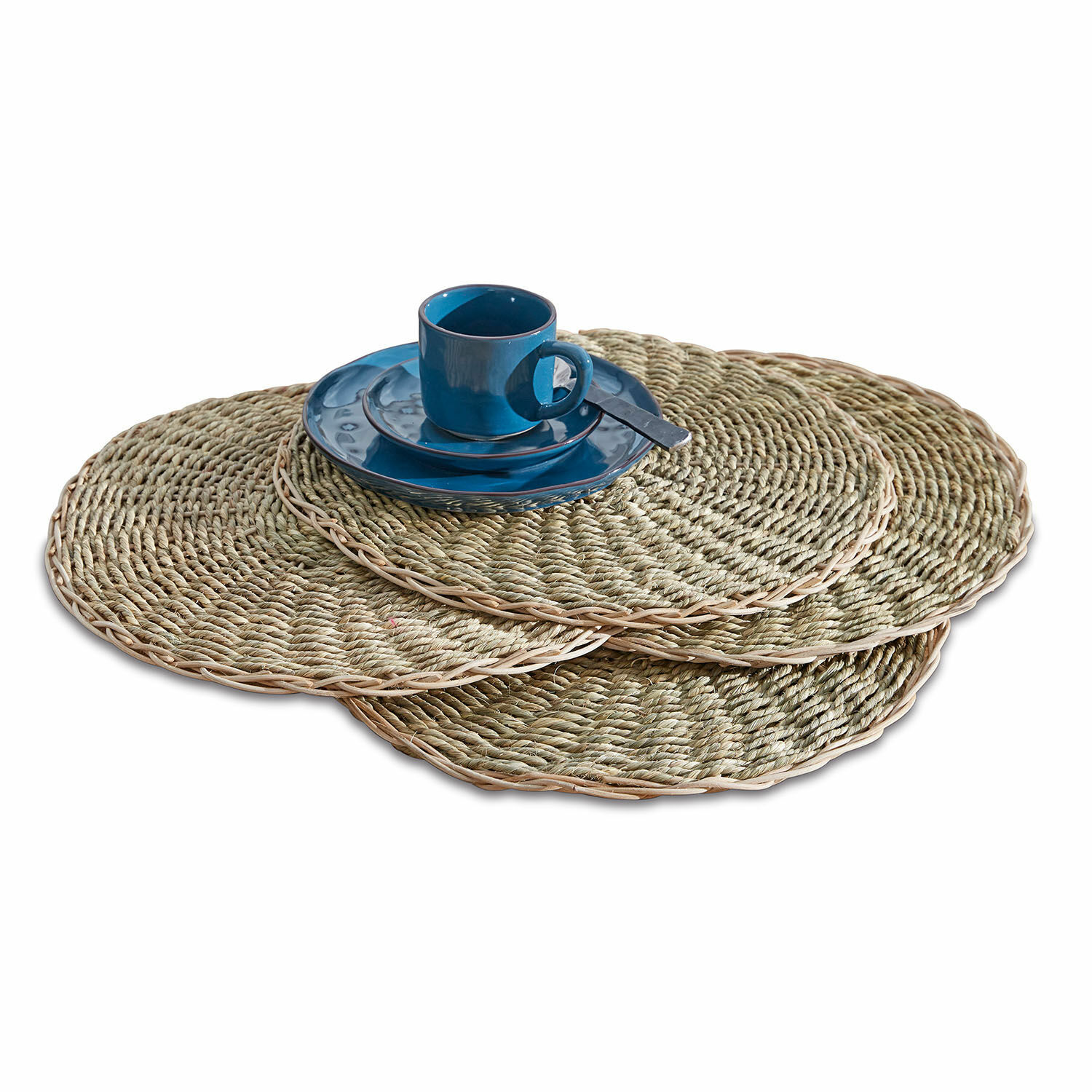 Lot de 4 sets de table Staines Ensemble de trois sets de table ronds en herbe de mer tressée couleur naturelle