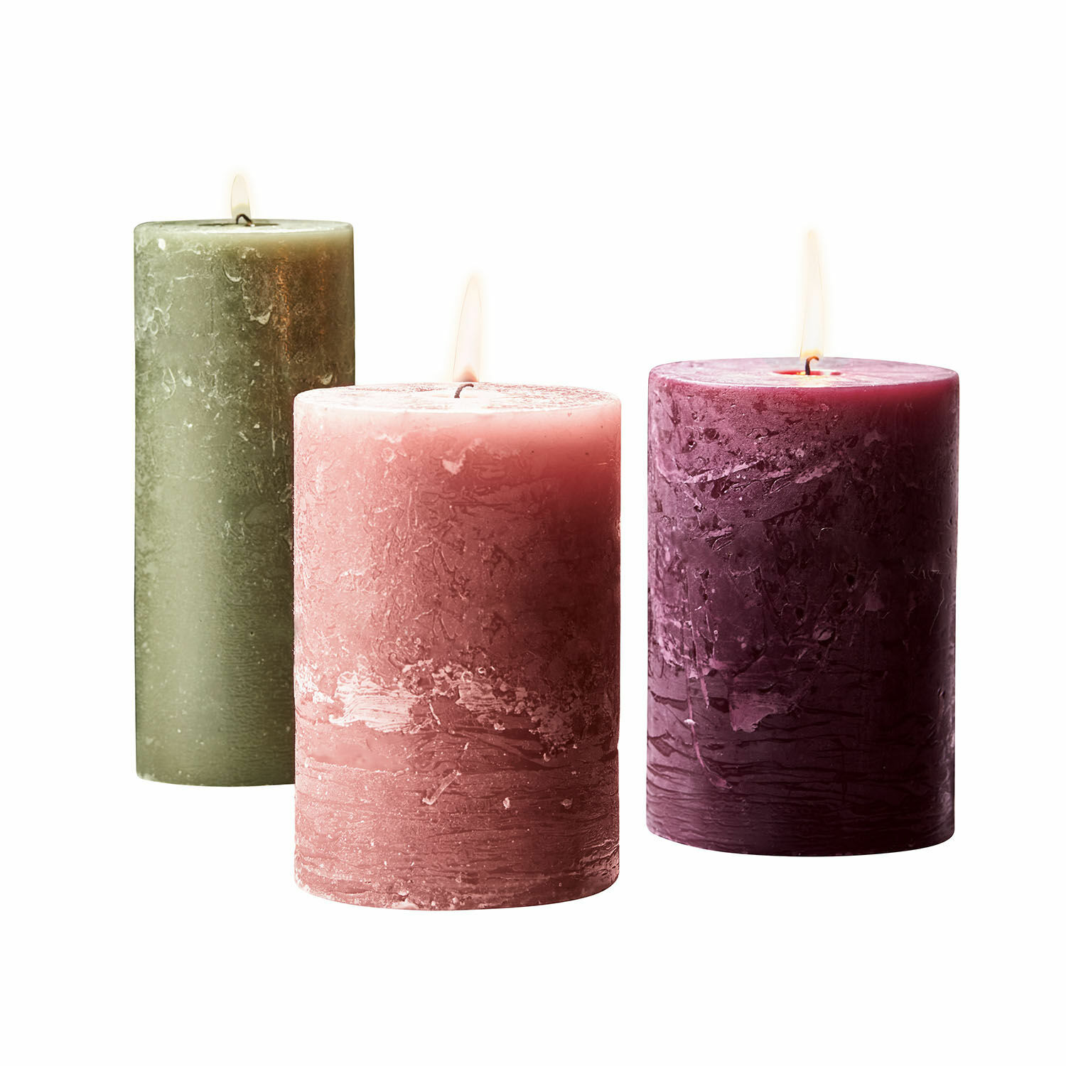 Set van 3 Salis kaarsen van natuurlijke was in roze, groen en bordeaux voor sfeervolle decoratie