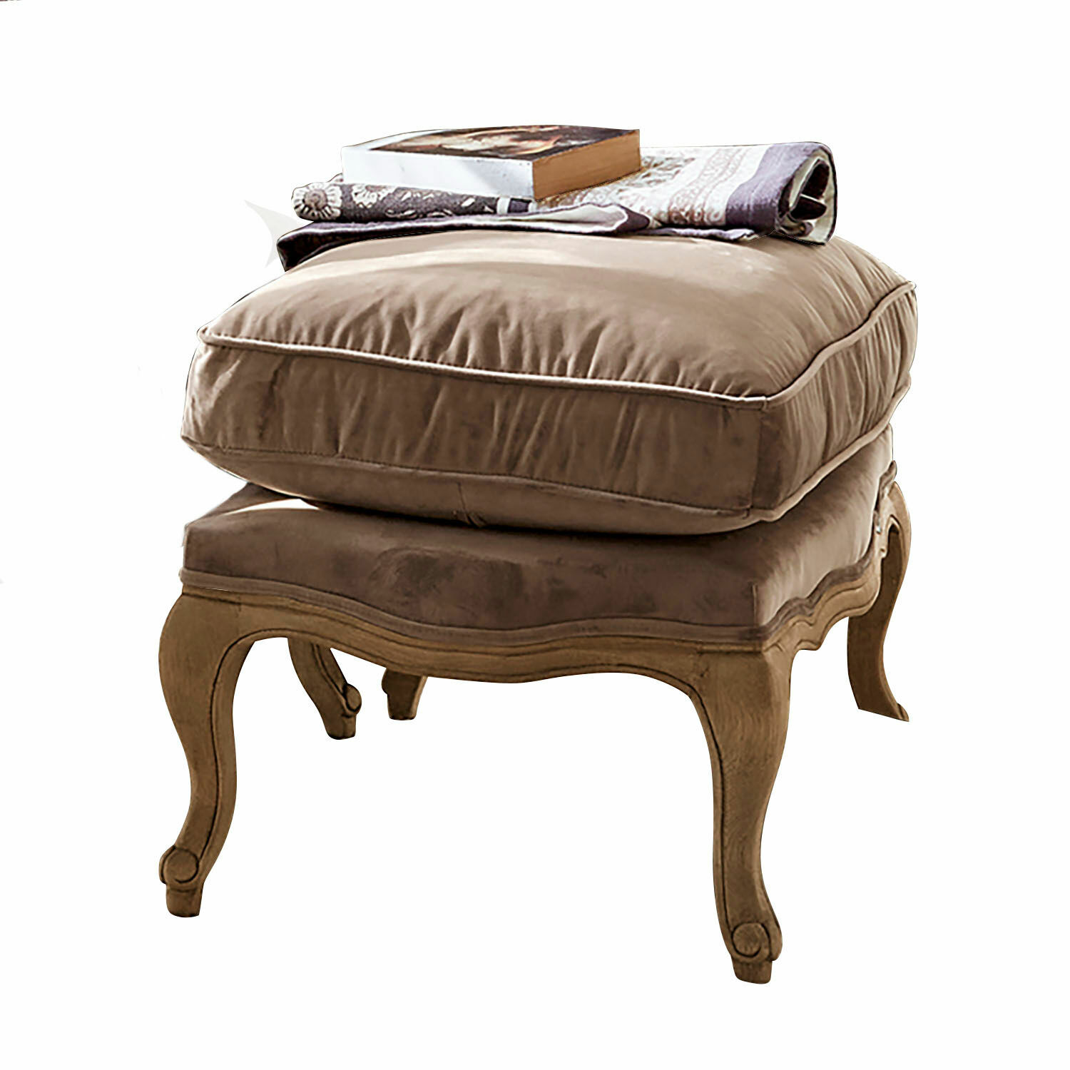 Tabouret Corlay Repose-pieds marron avec cadre en bois et coussin moelleux, tissu décoratif et livre posé dessus