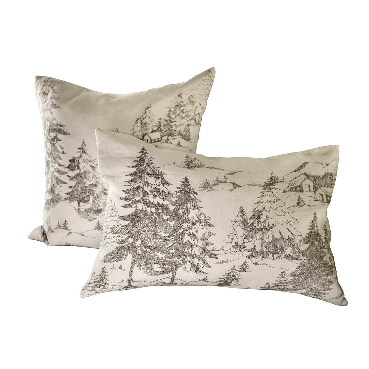 Lot de 2 housses de coussins Fabrielle Ensemble de deux coussins en lin beige avec motif paysage forestier, coussins décoratifs pour salon