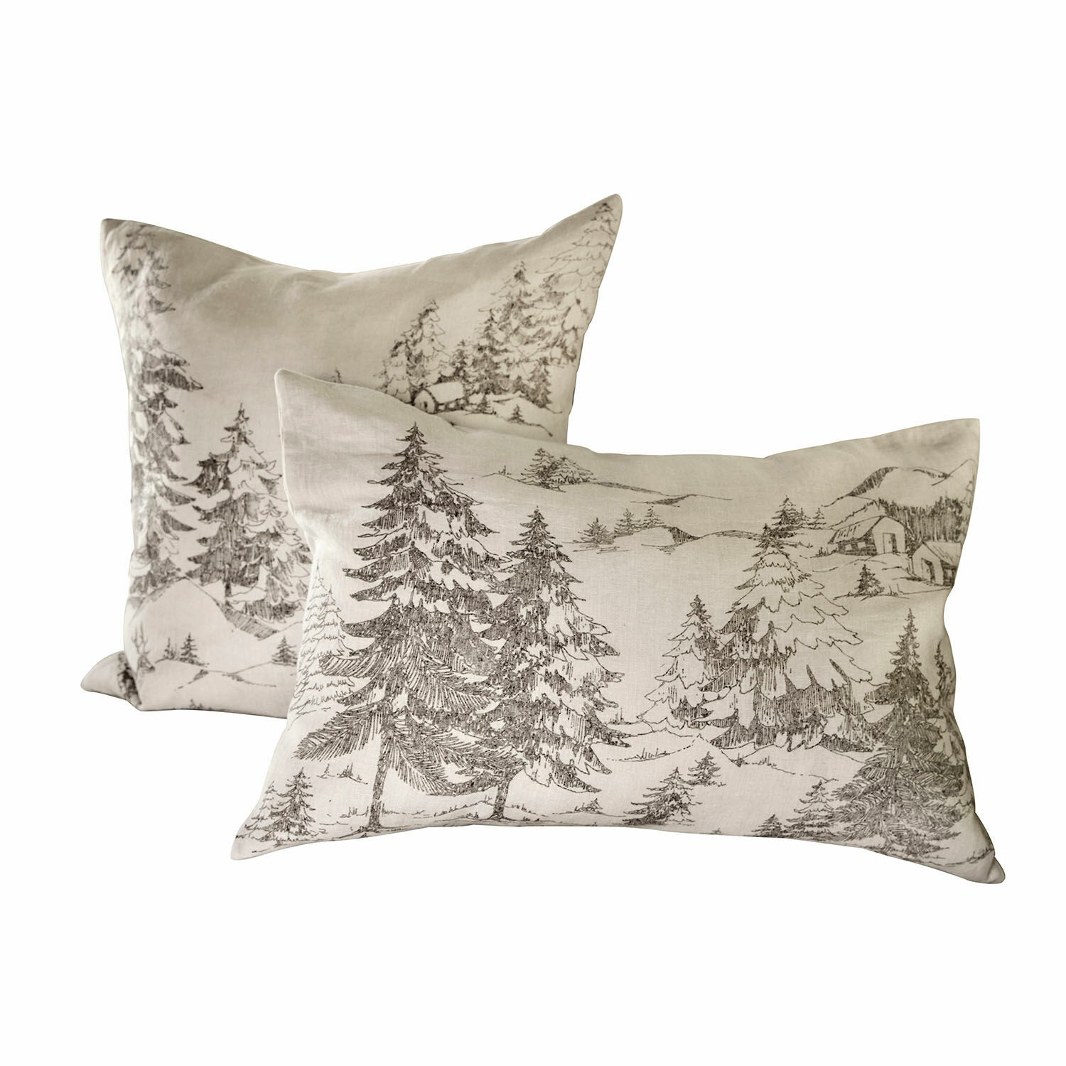 Kussenhoes set van 2 Fabrielle Set van twee beige linnen kussens met boslandschap print, decoratieve kussens voor woonkamer