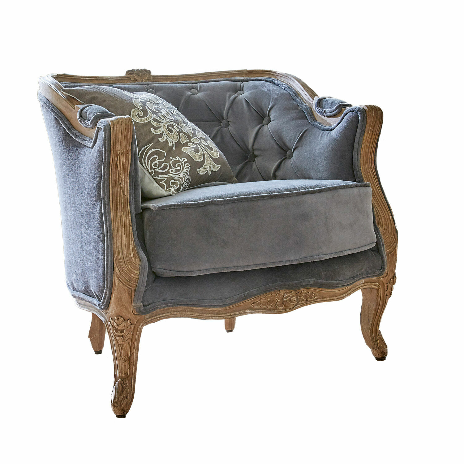 Fauteuil Annezay Vintage fauteuil met grijze fluwelen bekleding en gesneden houten frame voor stijlvolle woonkamer