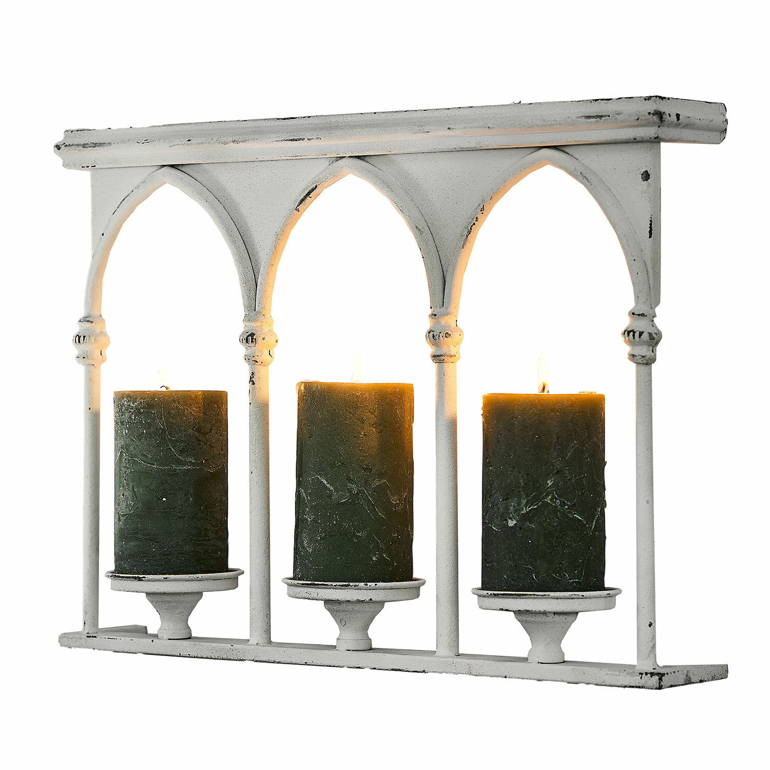 Wandkaarsenhouder Oliviette Witte metalen kandelaar met drie groene kaarsen, vintage interieurdecoratie