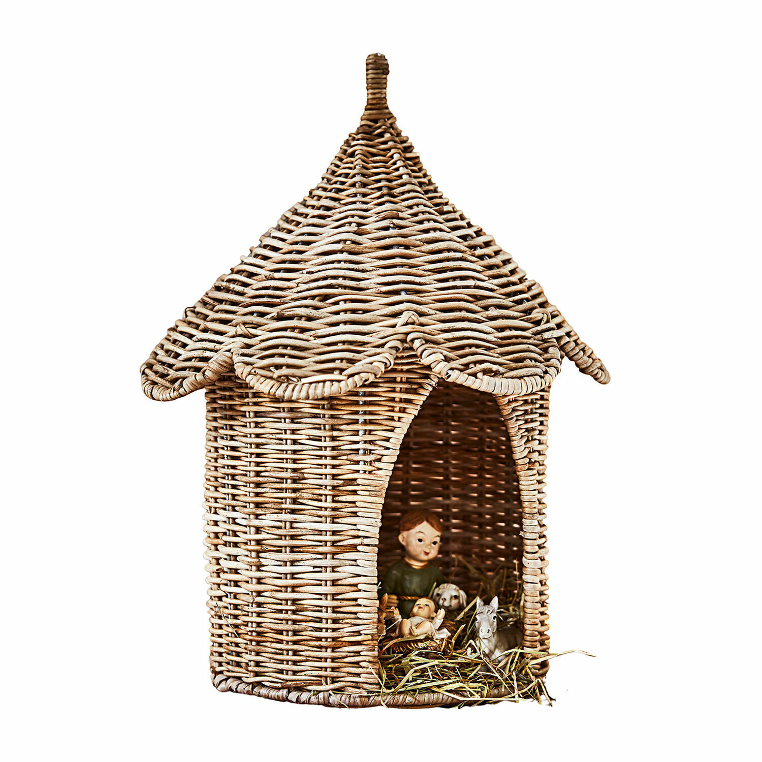 Crèche Dottimo Maisonnette en osier naturel avec figurines d'enfants et animaux sur paille, décoration de Noël