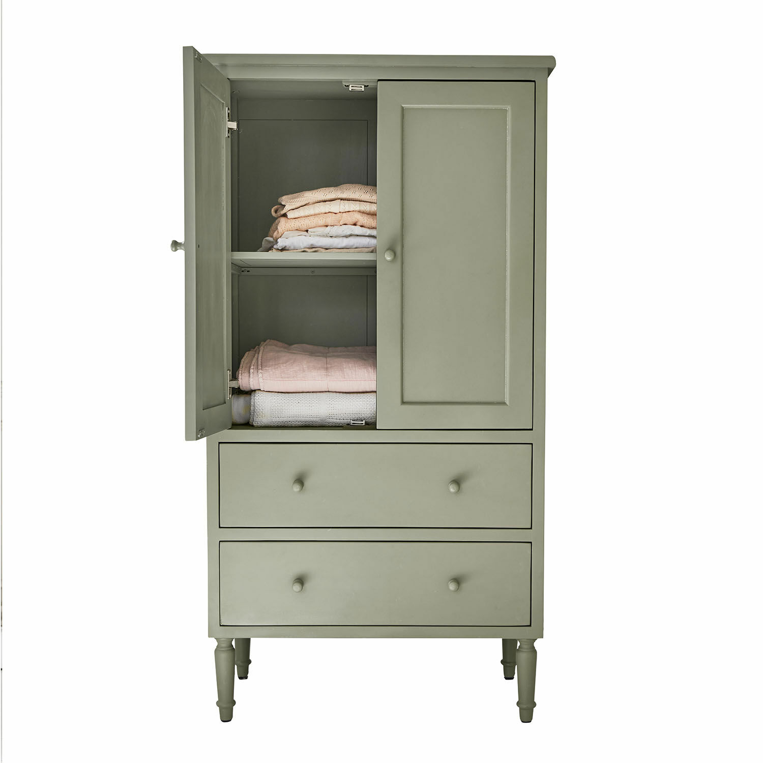 Armoire en bois vert olive avec deux tiroirs et étagères pour linge, meuble de rangement pratique
